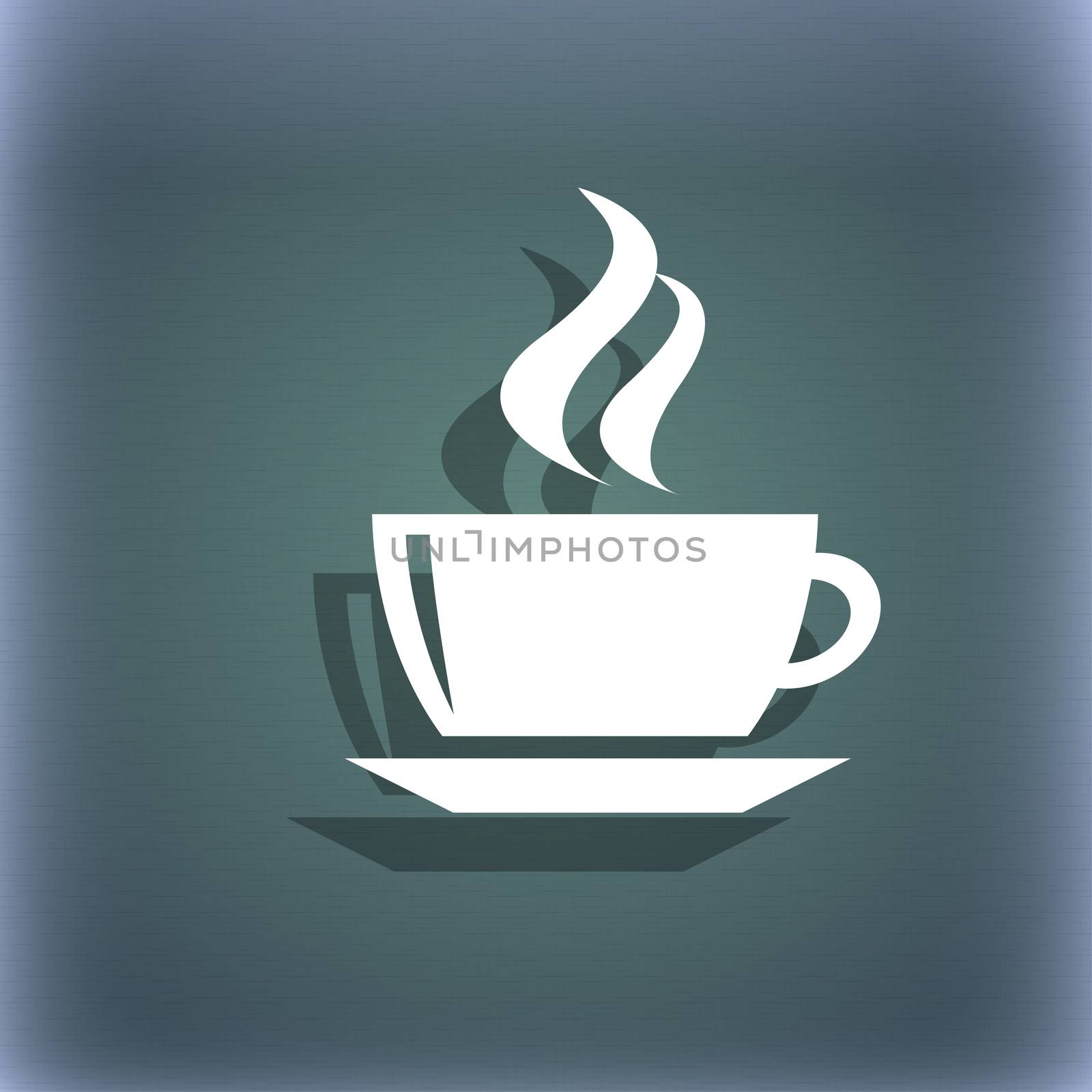 tea, coffee icon symbol on the blue-green abstract background with shadow and space for your text. illustration