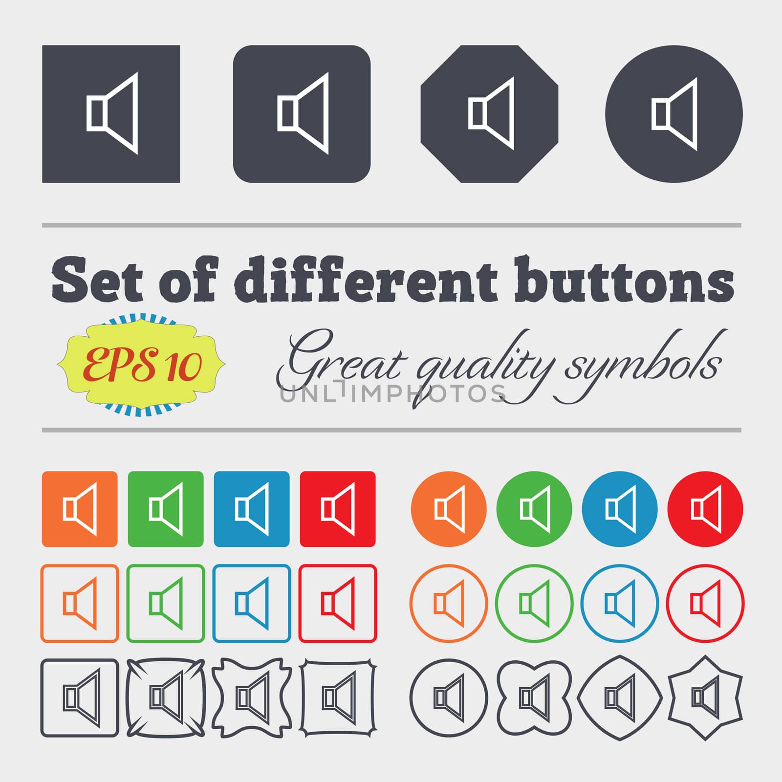 volume, sound icon sign. Big set of colorful, diverse, high-quality buttons.  by serhii_lohvyniuk