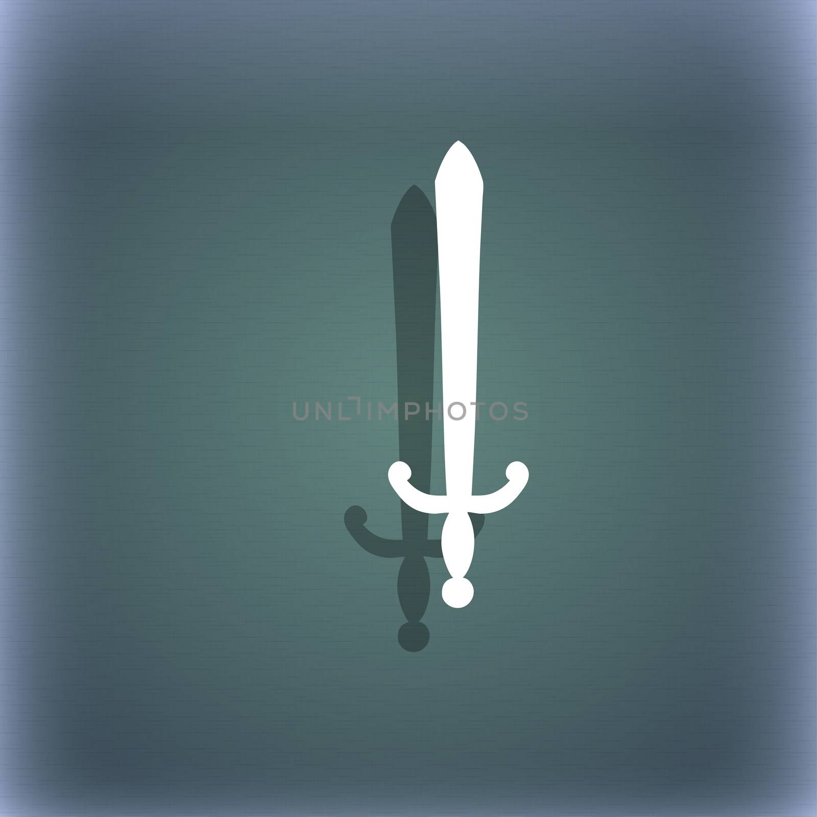 the sword icon symbol on the blue-green abstract background with shadow and space for your text.  by serhii_lohvyniuk