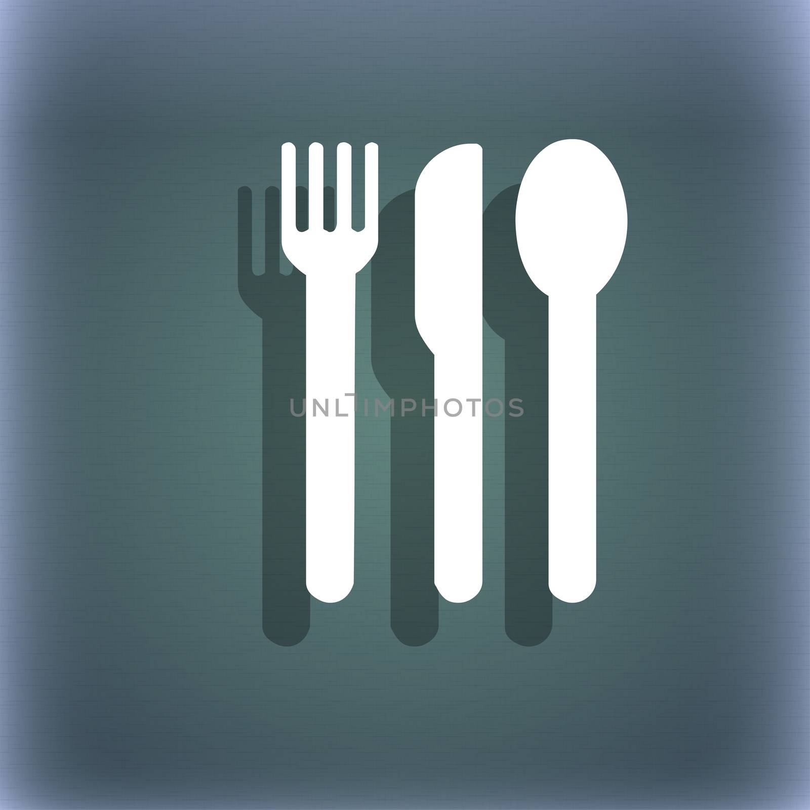 fork, knife, spoon icon symbol on the blue-green abstract background with shadow and space for your text.  by serhii_lohvyniuk