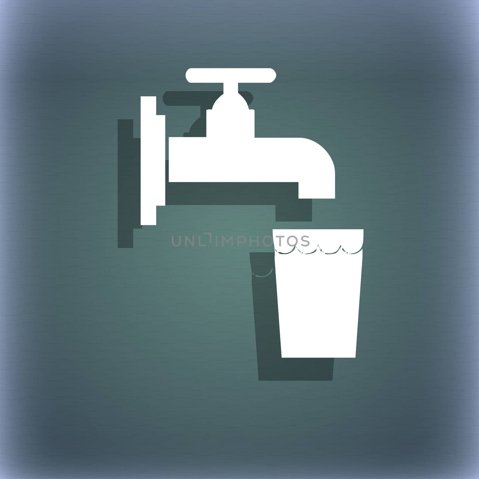 faucet, glass, water icon symbol on the blue-green abstract background with shadow and space for your text.  by serhii_lohvyniuk