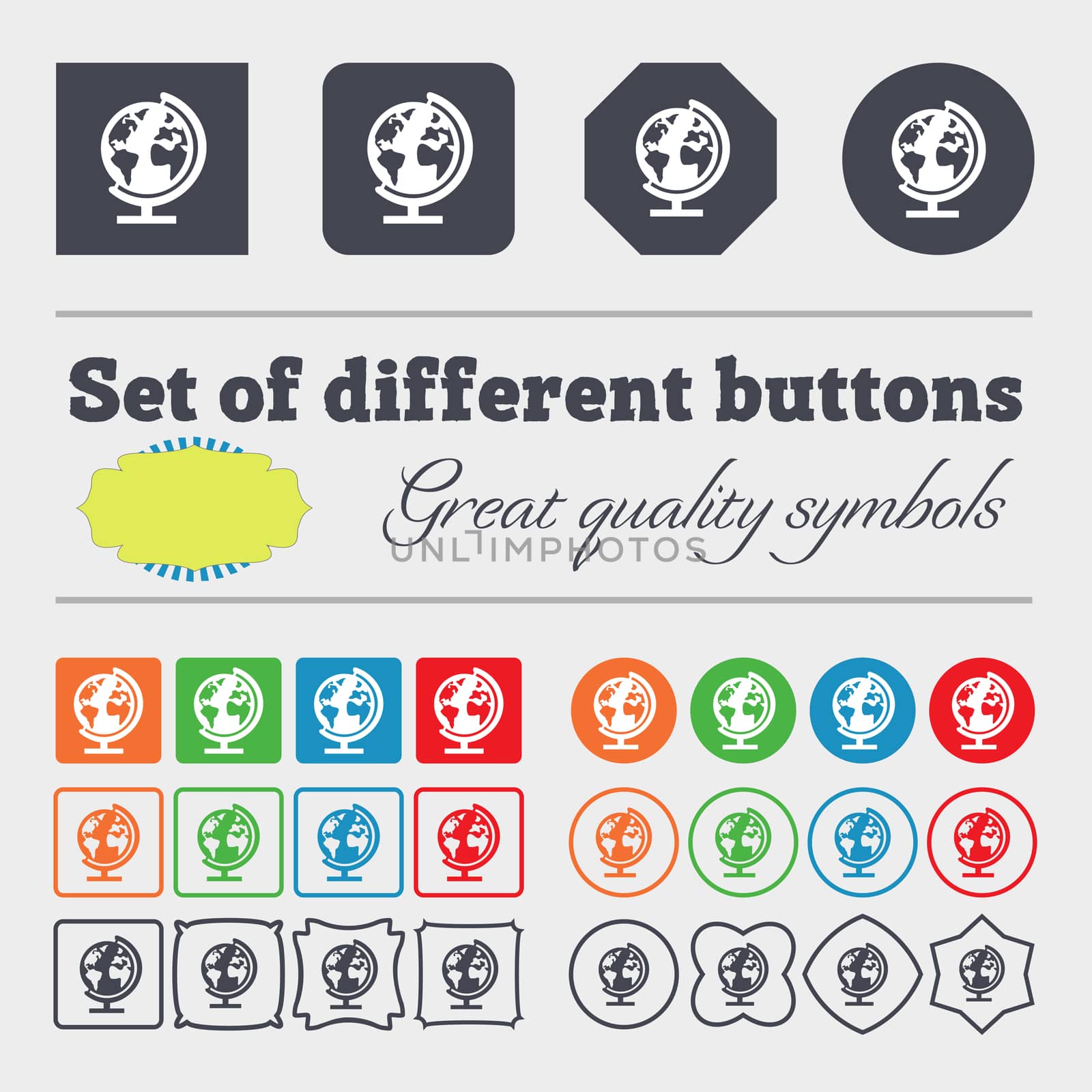 Globe sign icon. World map geography symbol. Globes on stand for studying. Big set of colorful, diverse, high-quality buttons.  by serhii_lohvyniuk