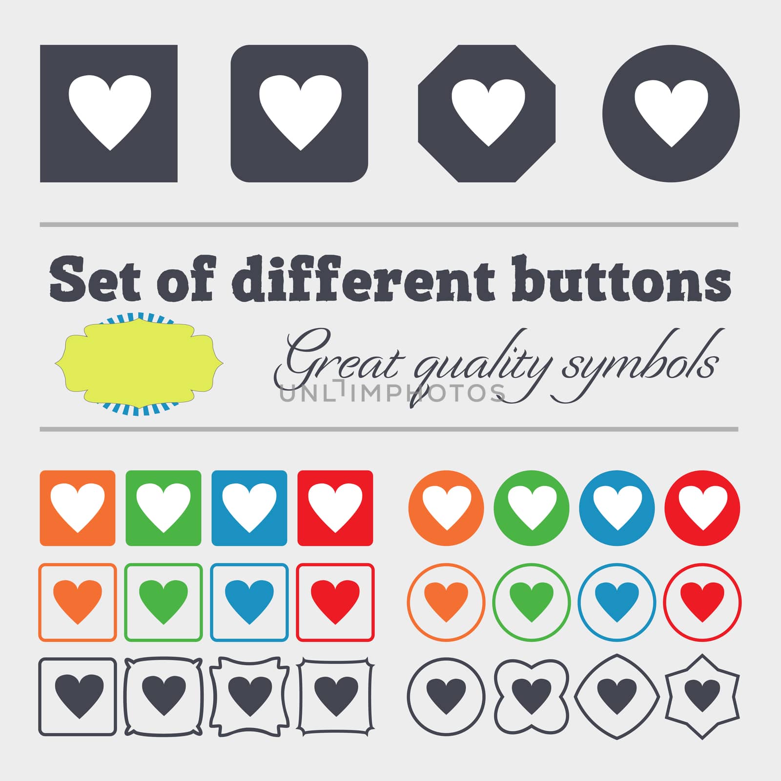 Heart sign icon. Love symbol. Big set of colorful, diverse, high-quality buttons. illustration