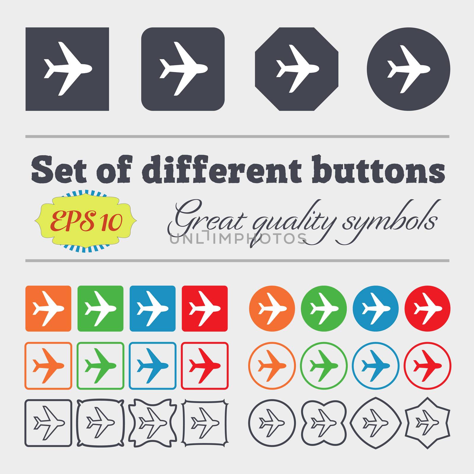 Plane icon sign. Big set of colorful, diverse, high-quality buttons.  by serhii_lohvyniuk