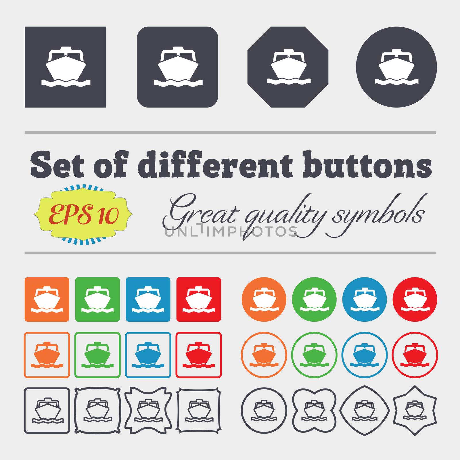 the boat icon sign. Big set of colorful, diverse, high-quality buttons.  by serhii_lohvyniuk