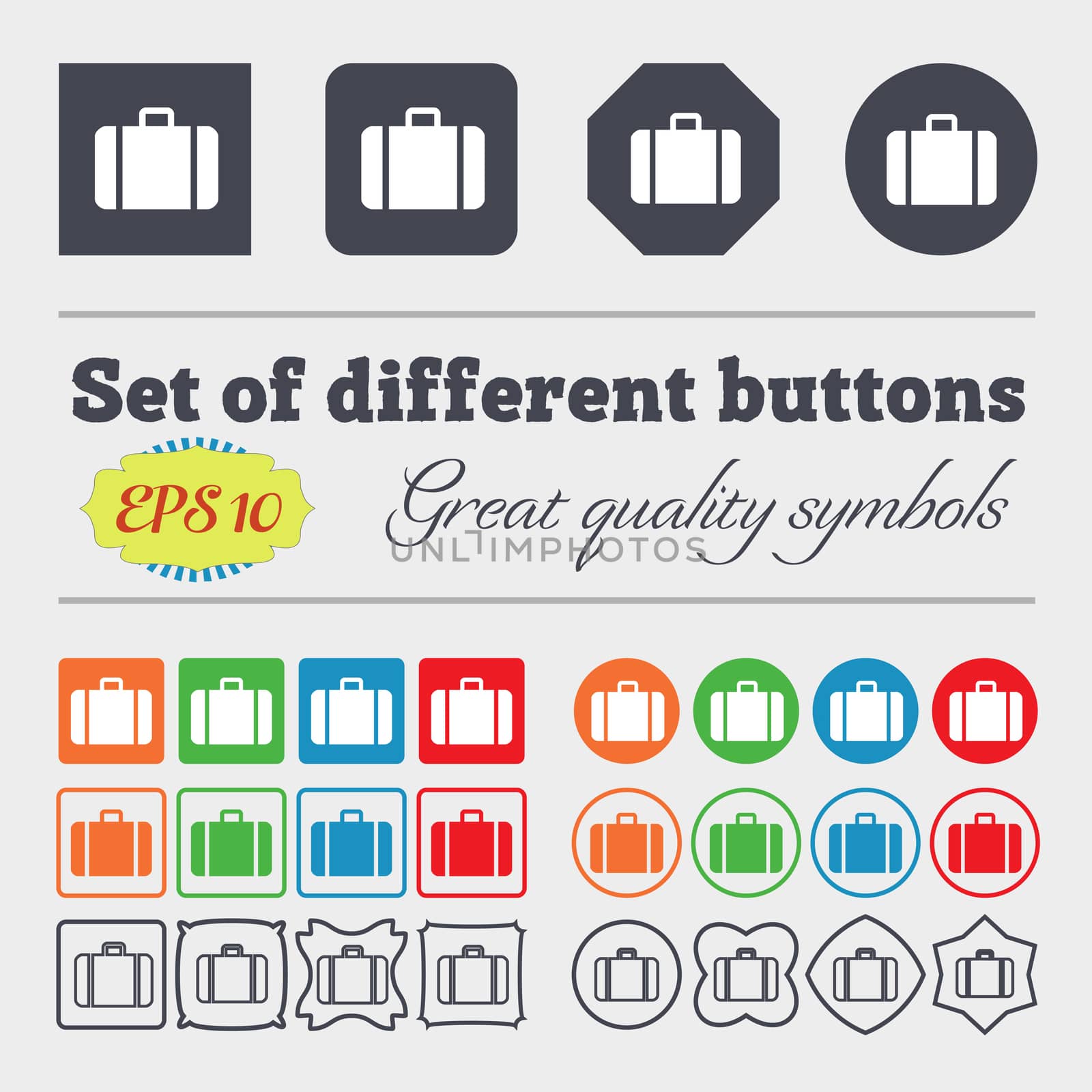 suitcase icon sign. Big set of colorful, diverse, high-quality buttons.  by serhii_lohvyniuk