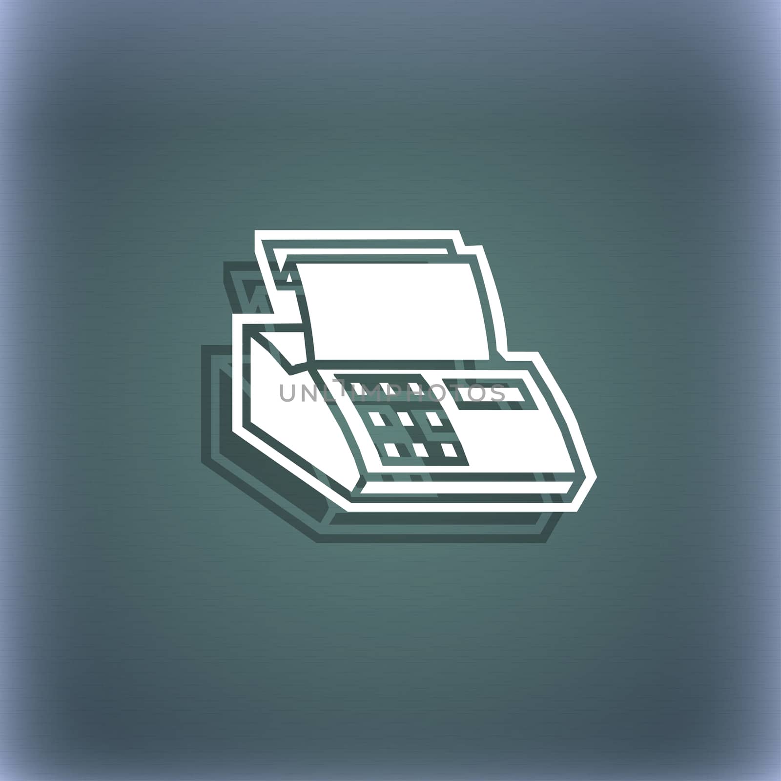 Cash register machine icon symbol on the blue-green abstract background with shadow and space for your text.  by serhii_lohvyniuk