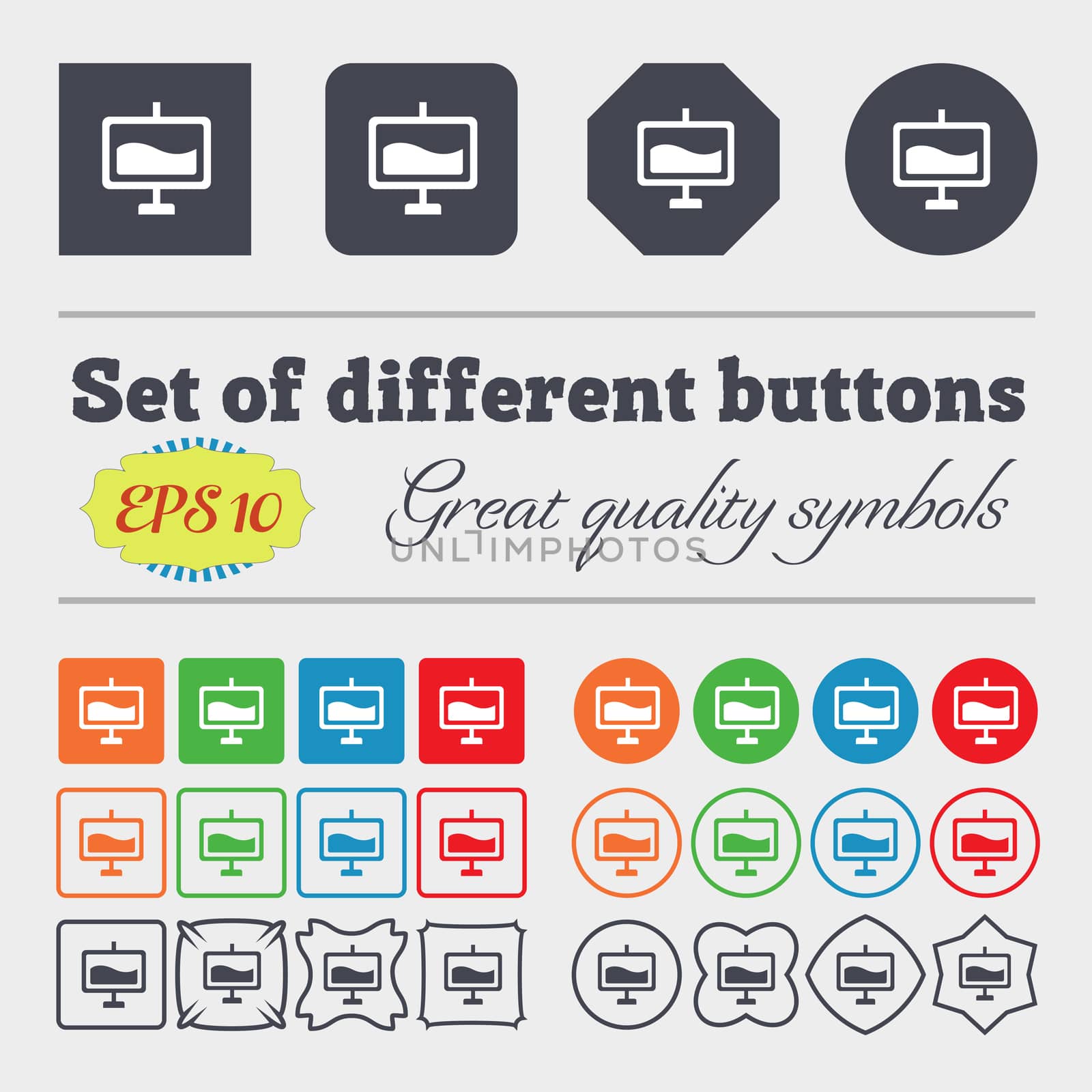 Presentation billboard icon sign Big set of colorful, diverse, high-quality buttons. illustration
