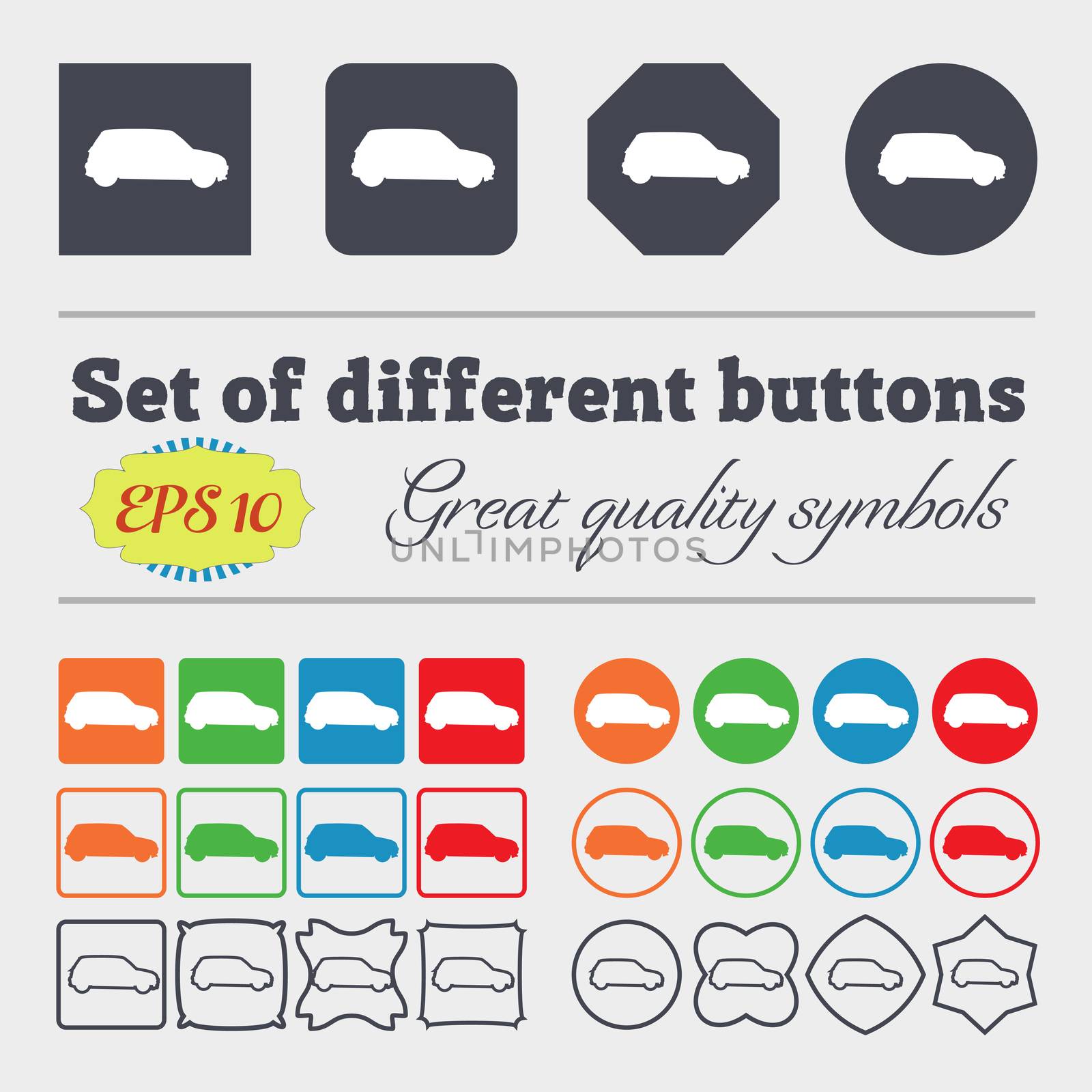 Jeep icon sign. Big set of colorful, diverse, high-quality buttons.  by serhii_lohvyniuk
