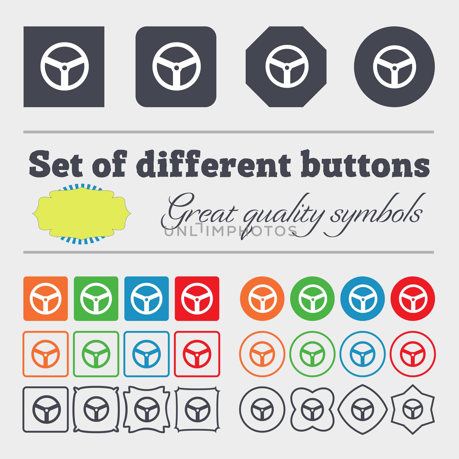 Steering wheel icon sign. Big set of colorful, diverse, high-quality buttons.  by serhii_lohvyniuk