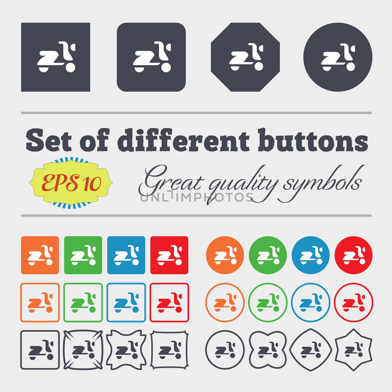 Scooter, bike icon sign Big set of colorful, diverse, high-quality buttons.  by serhii_lohvyniuk