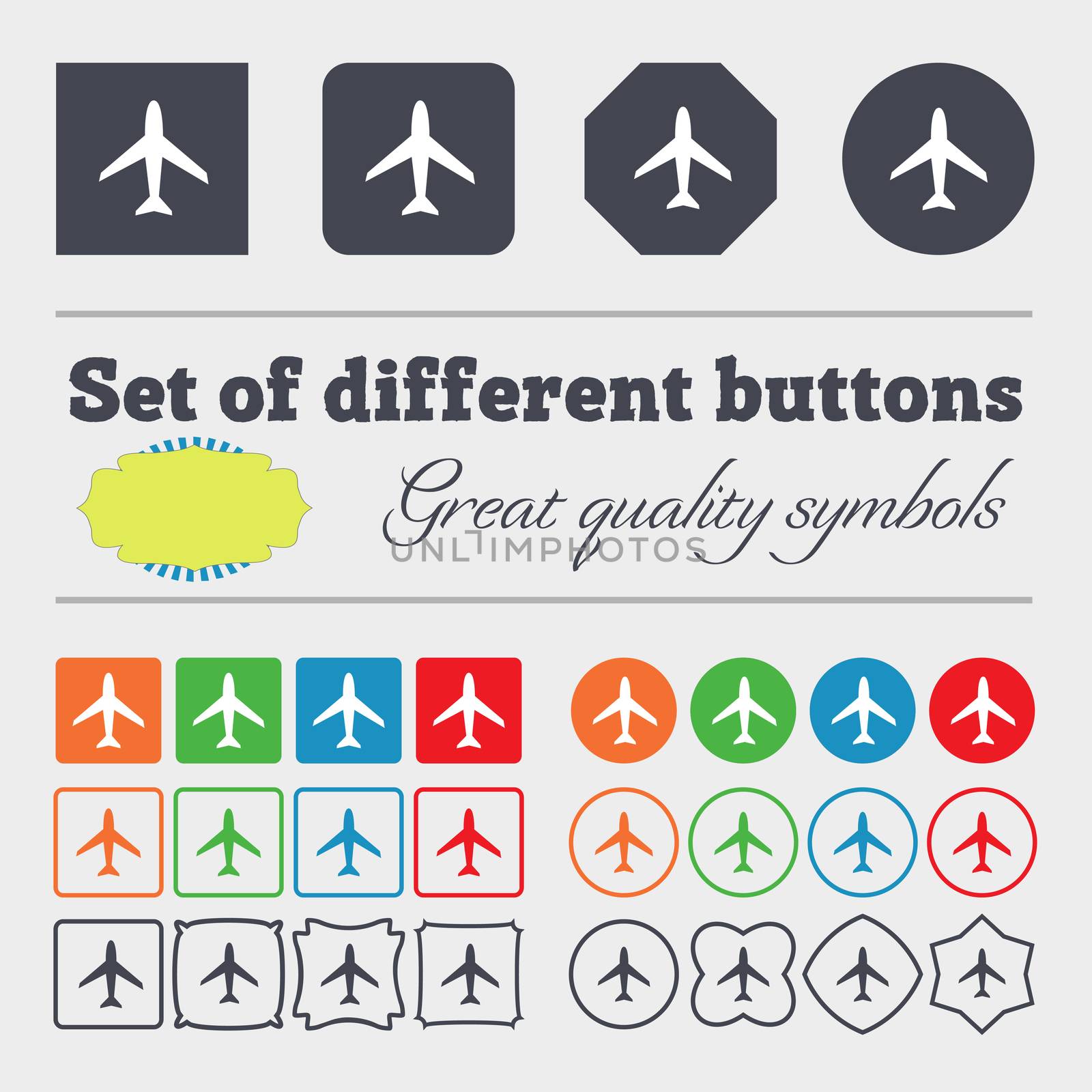 Airplane sign. Plane symbol. Travel icon. Flight flat label. Big set of colorful, diverse, high-quality buttons.  by serhii_lohvyniuk