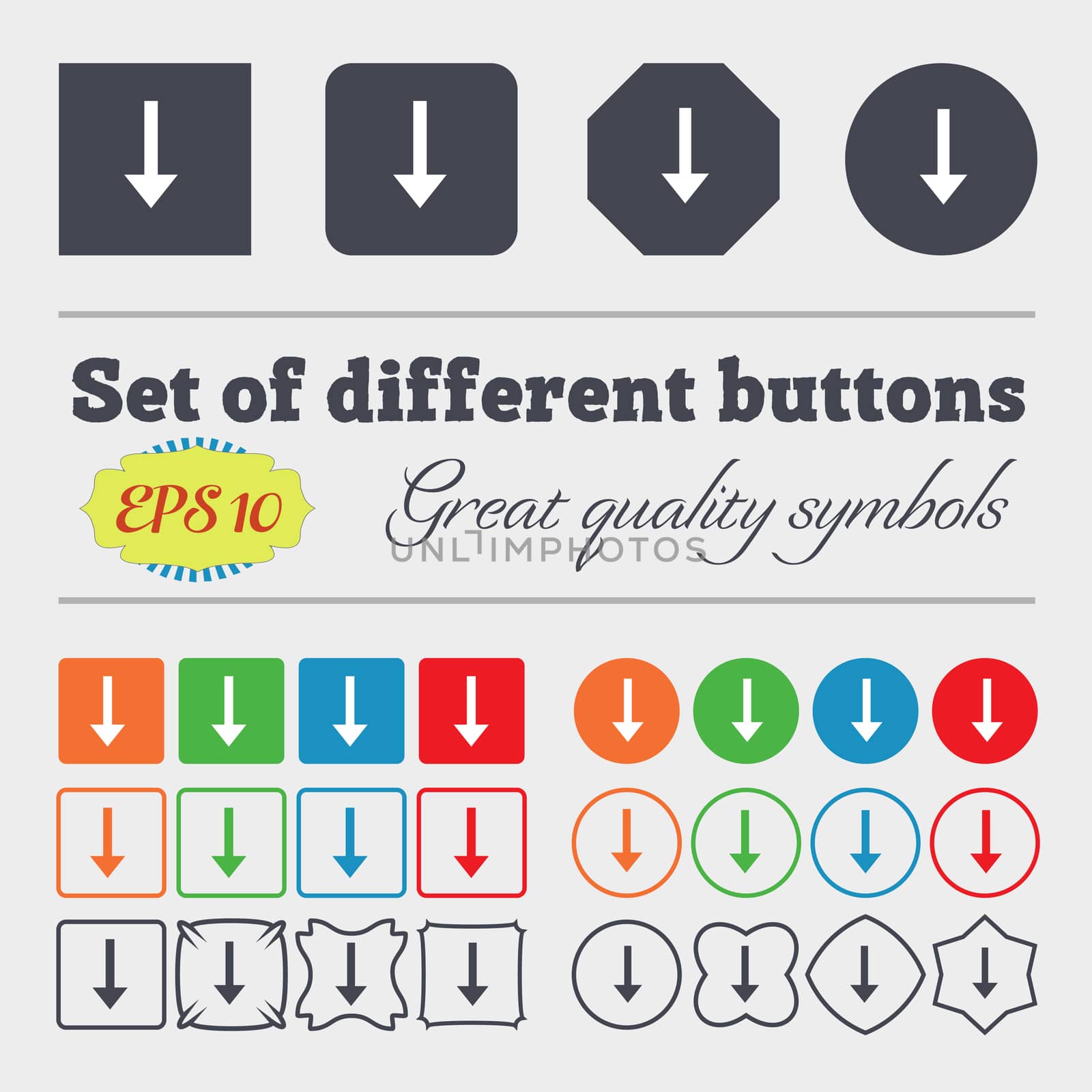 Arrow down, Download, Load, Backup icon sign Big set of colorful, diverse, high-quality buttons. illustration