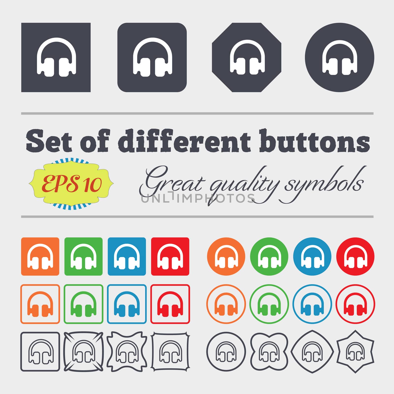 Headphones, Earphones icon sign. Big set of colorful, diverse, high-quality buttons. illustration