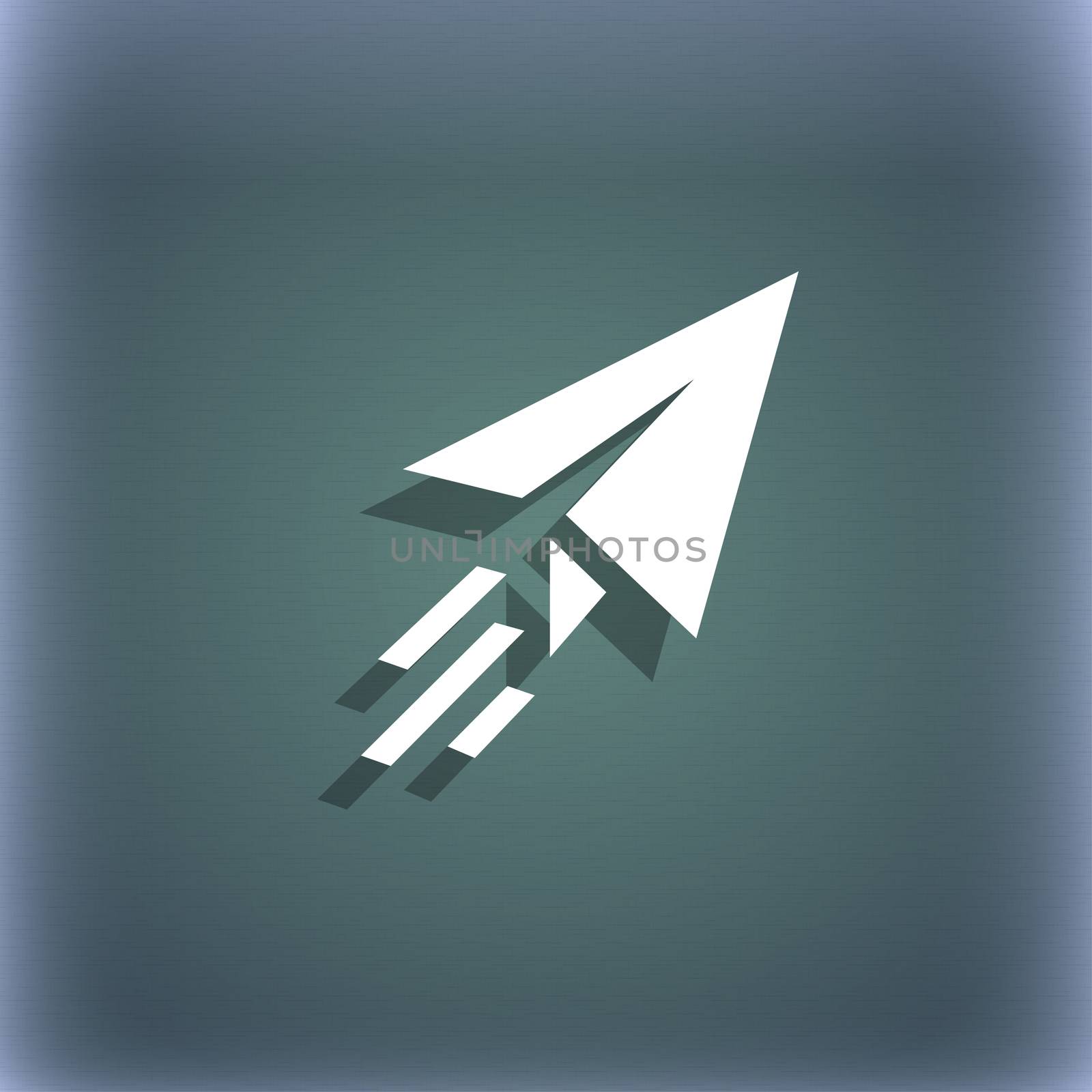 Paper airplane icon symbol on the blue-green abstract background with shadow and space for your text.  by serhii_lohvyniuk