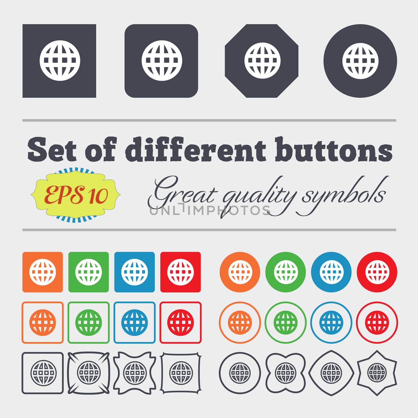 Globe, World map geography icon sign. Big set of colorful, diverse, high-quality buttons. illustration