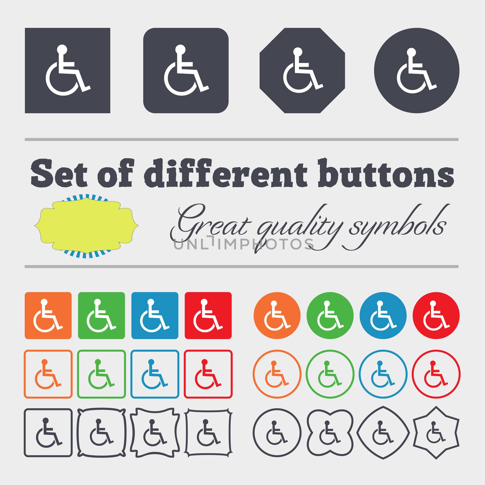 Disabled sign icon. Human on wheelchair symbol. Handicapped invalid sign. Big set of colorful, diverse, high-quality buttons. illustration