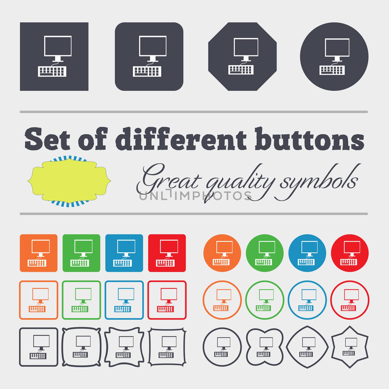 Computer monitor and keyboard Icon. Big set of colorful, diverse, high-quality buttons. illustration