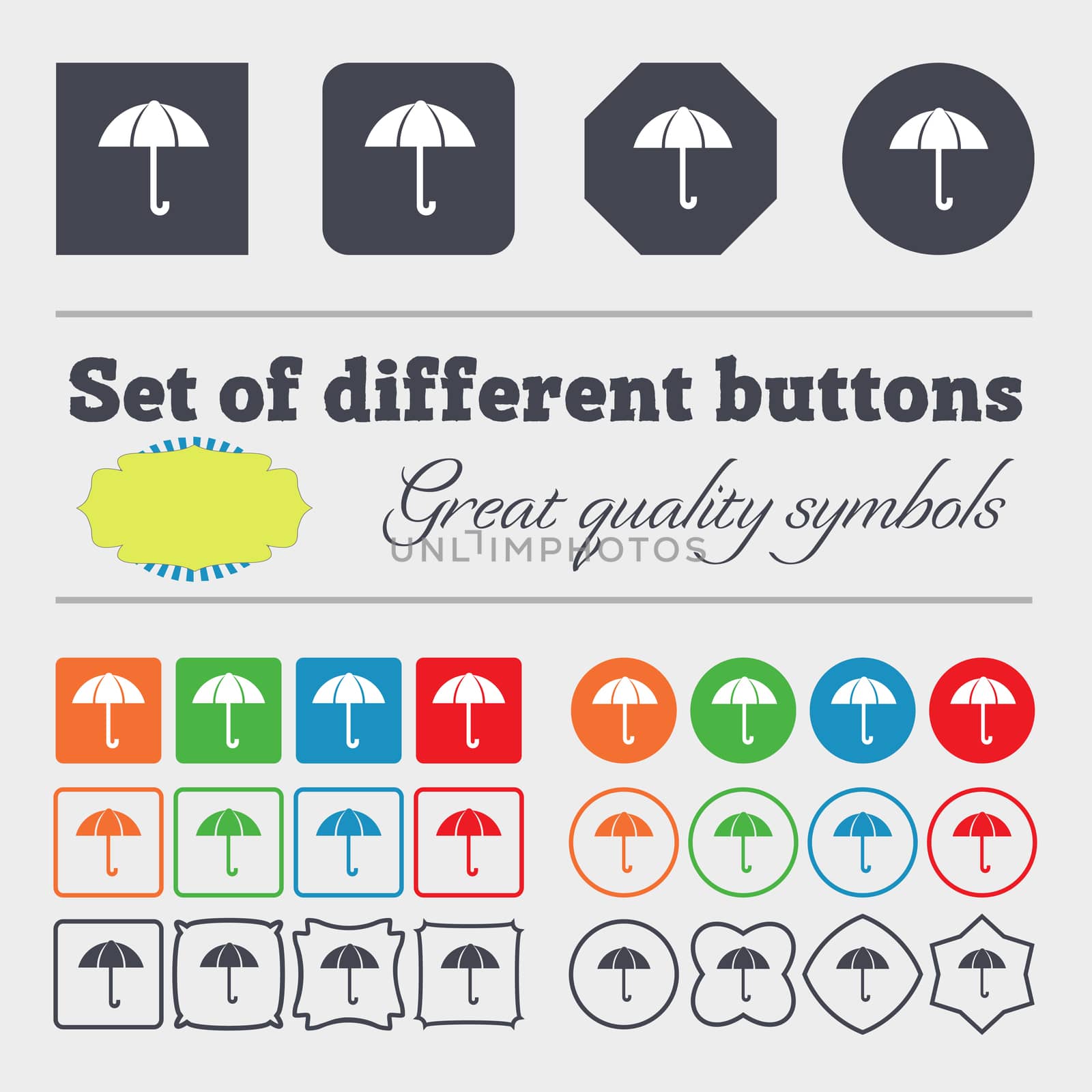 Umbrella sign icon. Rain protection symbol. Big set of colorful, diverse, high-quality buttons.  by serhii_lohvyniuk