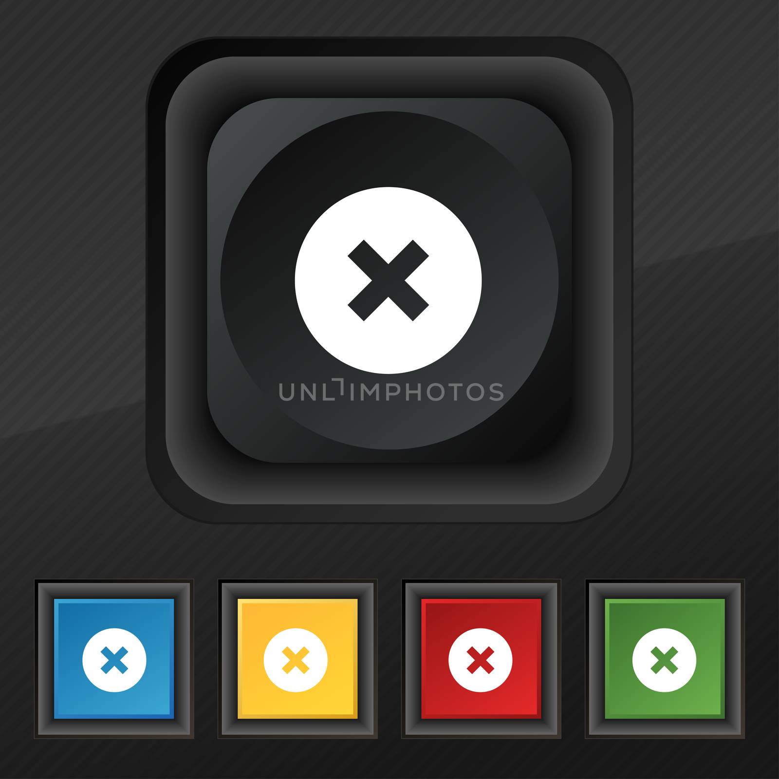 cancel icon symbol. Set of five colorful, stylish buttons on black texture for your design.  by serhii_lohvyniuk