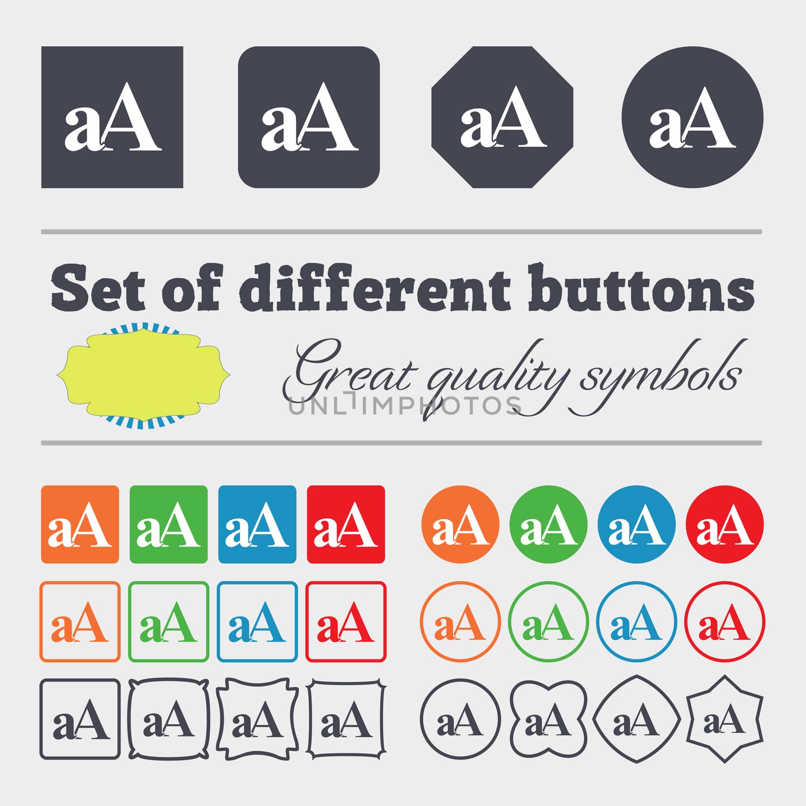 Enlarge font, aA icon sign. Big set of colorful, diverse, high-quality buttons. illustration