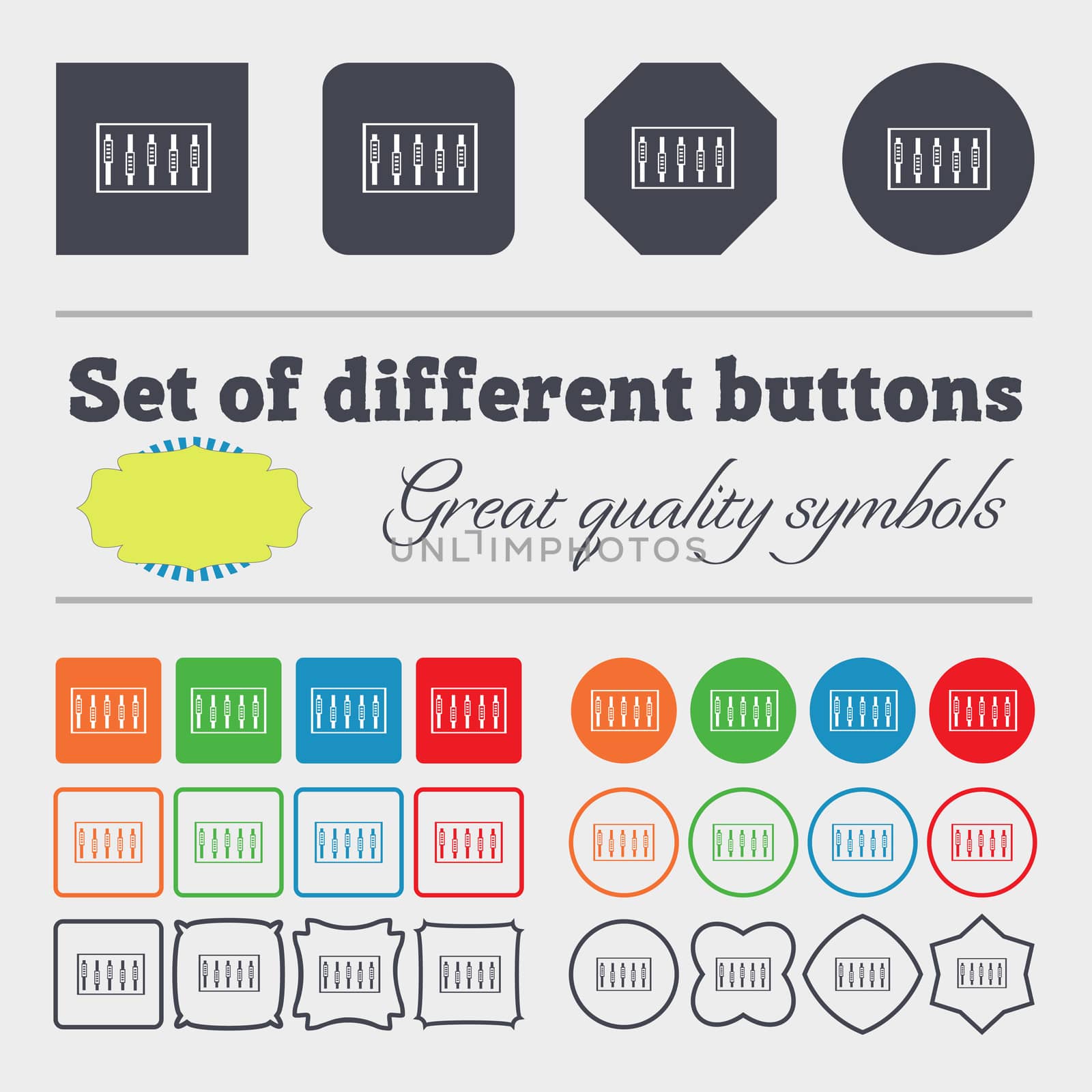 Dj console mix handles and buttons, level icons. Big set of colorful, diverse, high-quality buttons. illustration