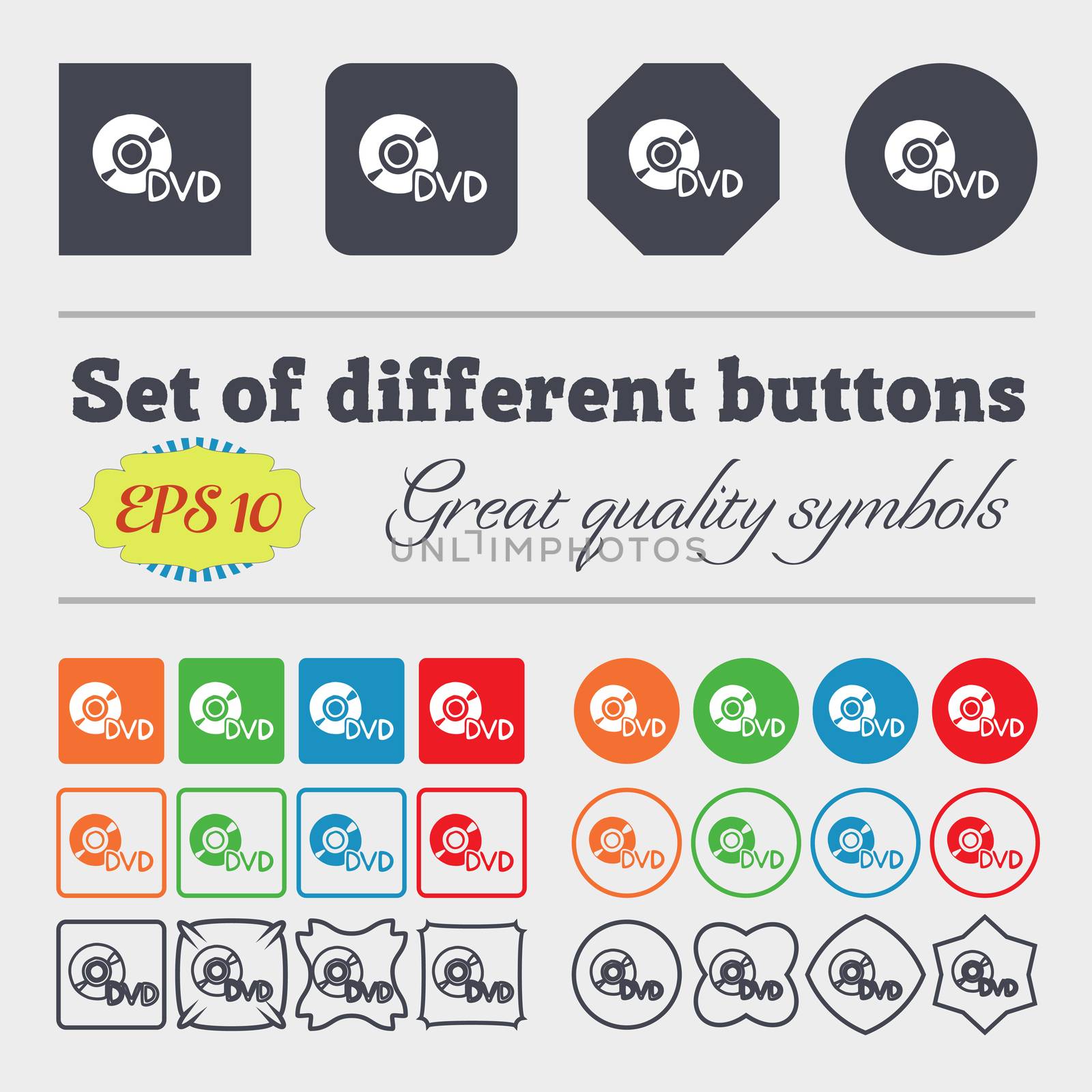 dvd icon sign. Big set of colorful, diverse, high-quality buttons. illustration