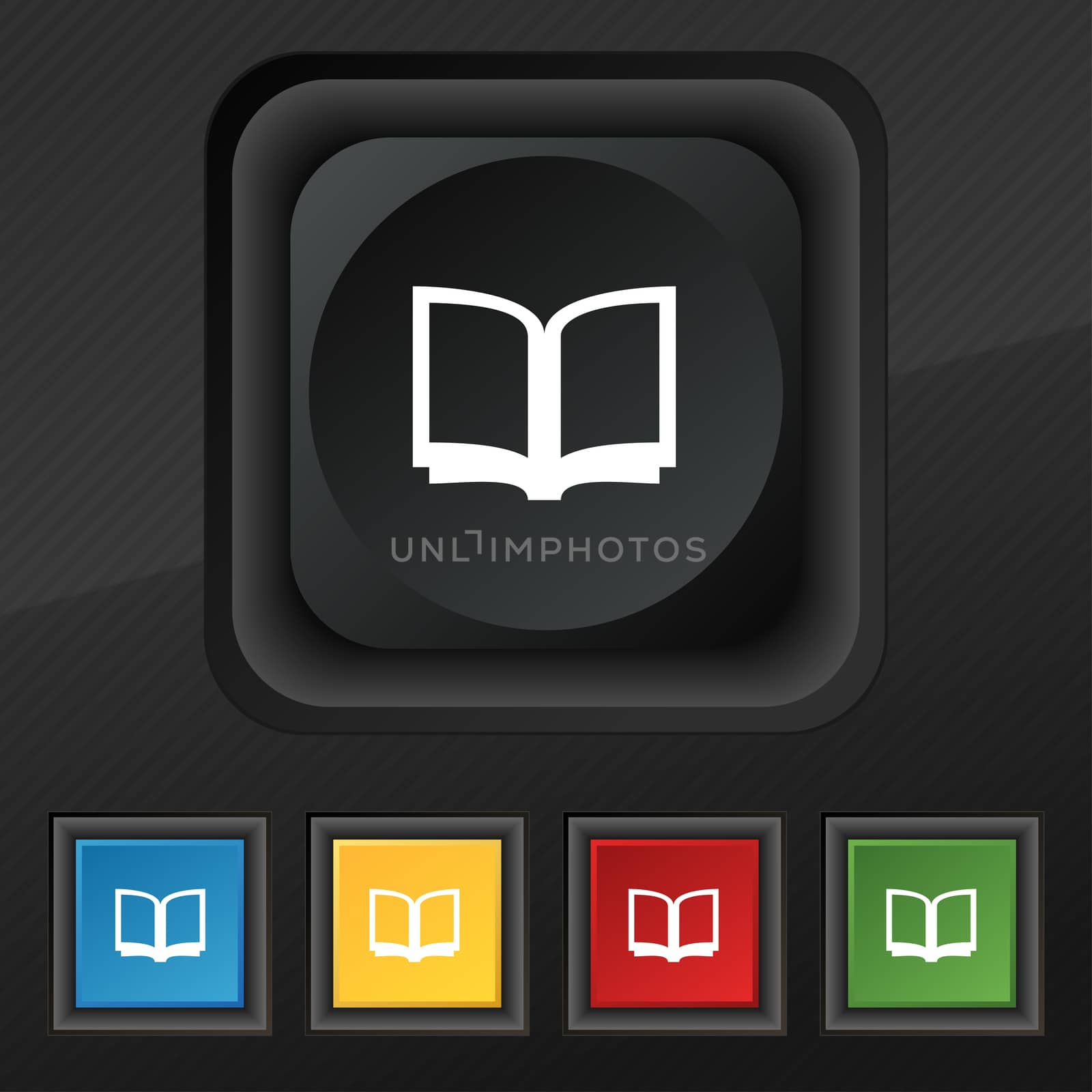 Open book icon symbol. Set of five colorful, stylish buttons on black texture for your design.  by serhii_lohvyniuk