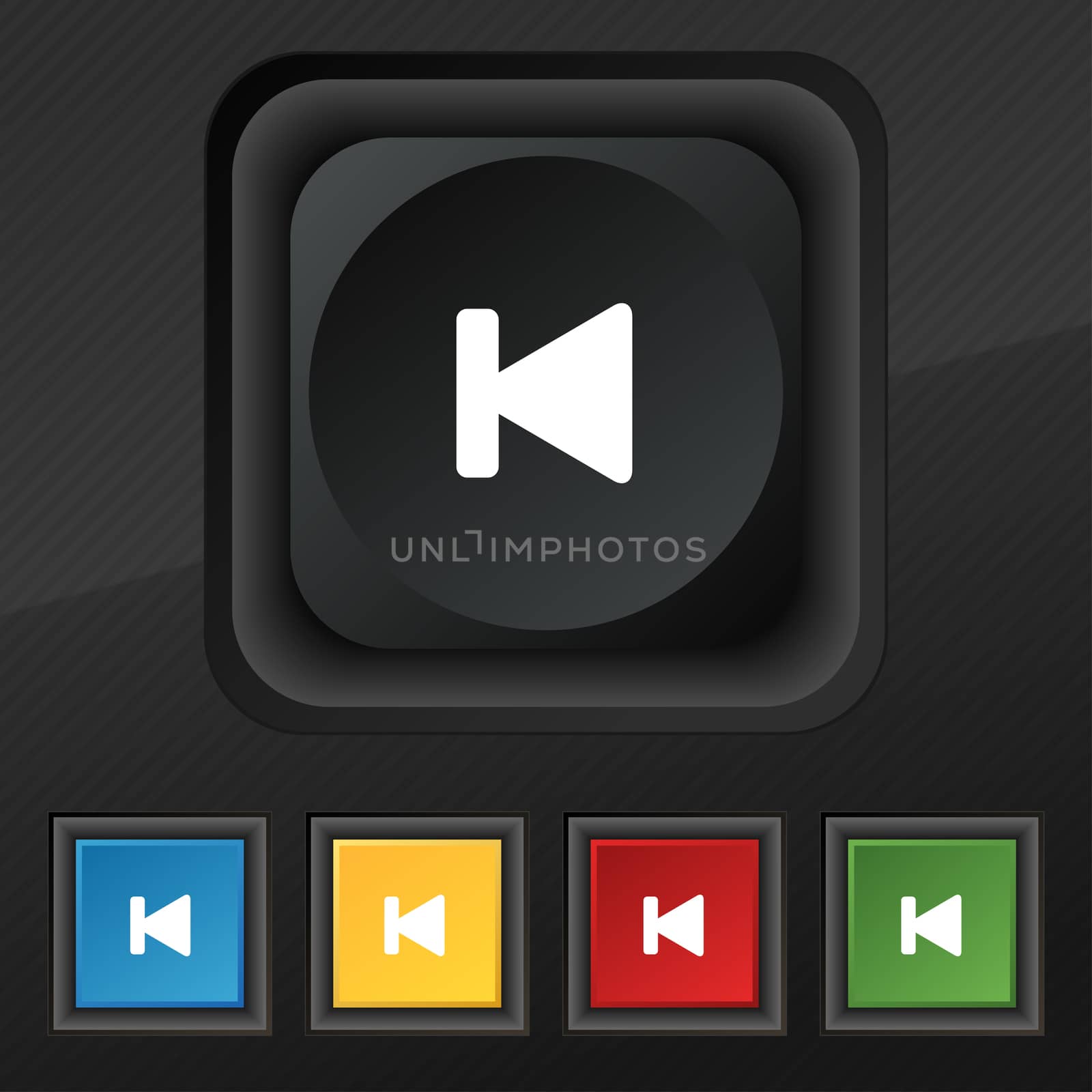 fast backward icon symbol. Set of five colorful, stylish buttons on black texture for your design.  by serhii_lohvyniuk