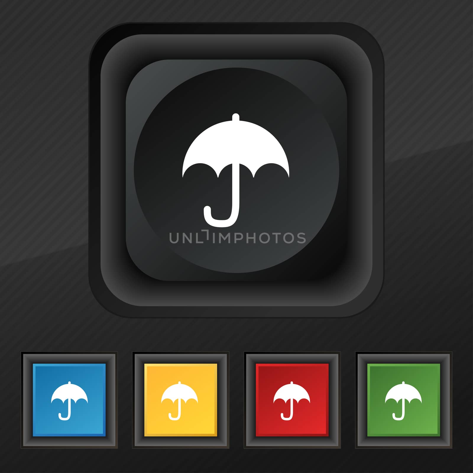 Umbrella icon symbol. Set of five colorful, stylish buttons on black texture for your design.  by serhii_lohvyniuk