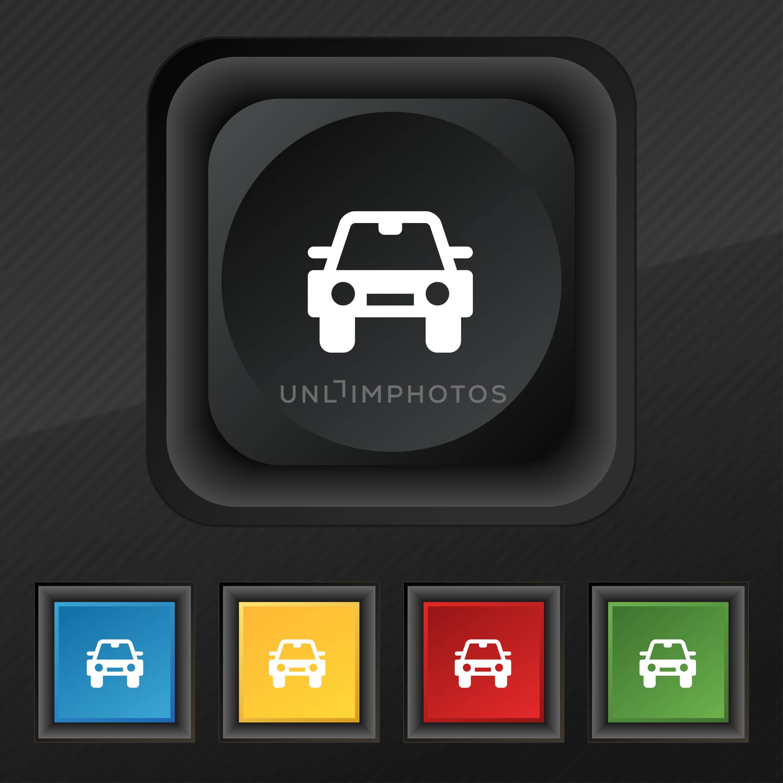 Auto icon symbol. Set of five colorful, stylish buttons on black texture for your design.  by serhii_lohvyniuk