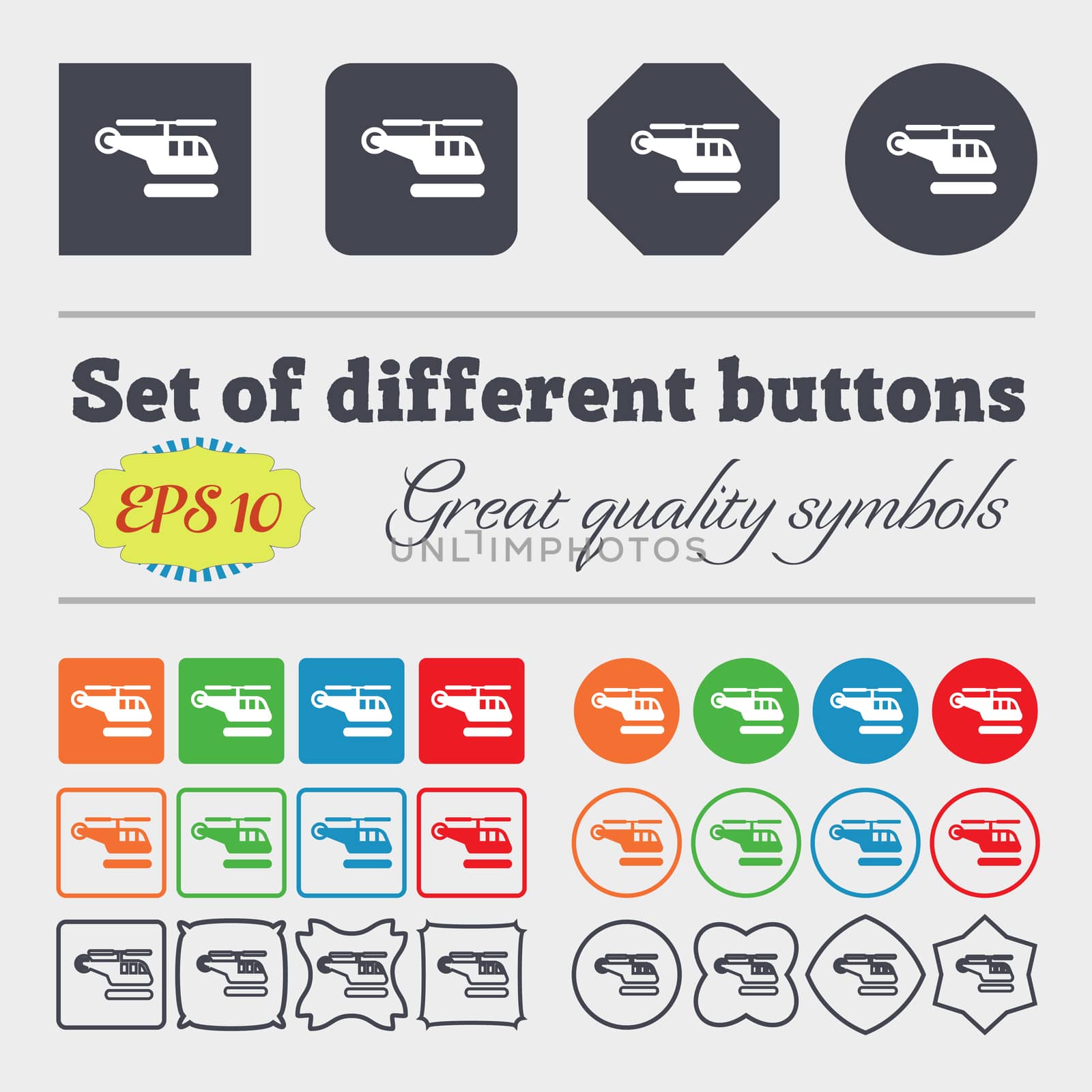 helicopter icon sign. Big set of colorful, diverse, high-quality buttons. illustration