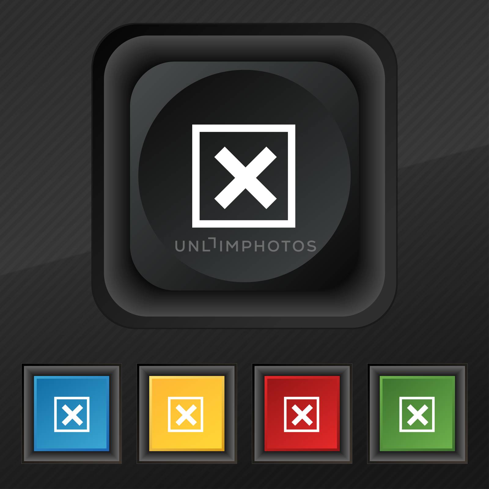 Cancel  icon symbol. Set of five colorful, stylish buttons on black texture for your design.  by serhii_lohvyniuk
