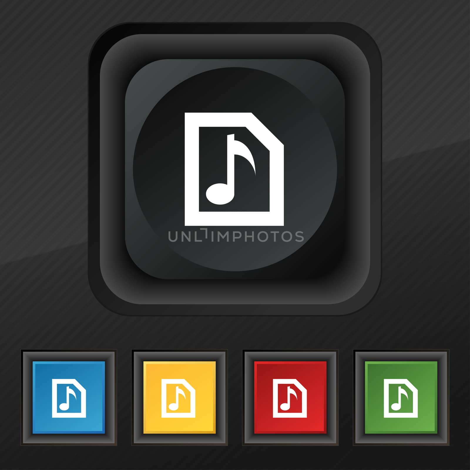 Audio, MP3 file icon symbol. Set of five colorful, stylish buttons on black texture for your design.  by serhii_lohvyniuk