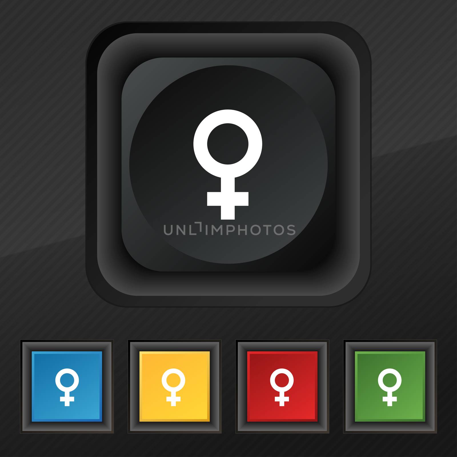 Symbols gender, Female, Woman sex icon symbol. Set of five colorful, stylish buttons on black texture for your design.  by serhii_lohvyniuk