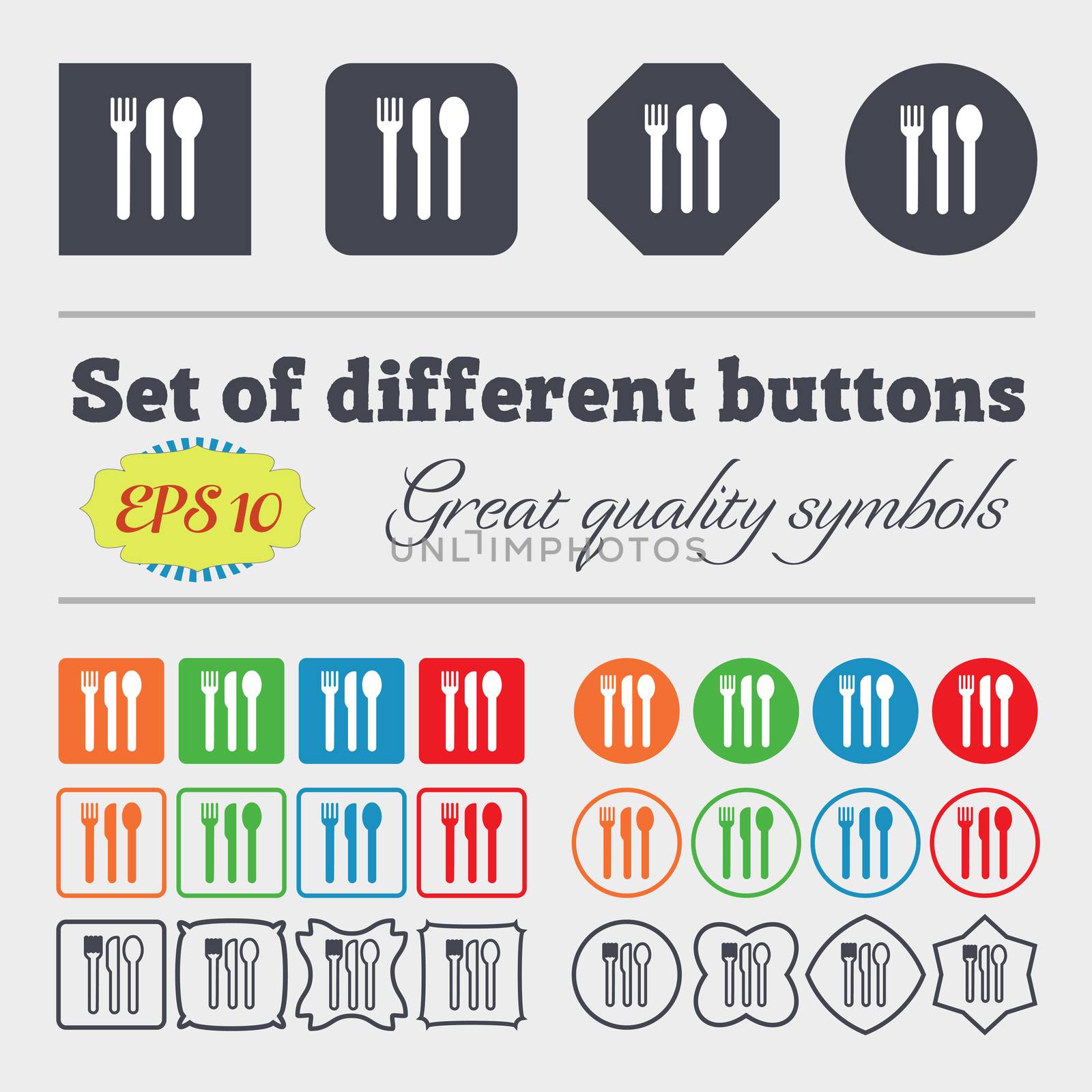 fork, knife, spoon icon sign. Big set of colorful, diverse, high-quality buttons.  by serhii_lohvyniuk