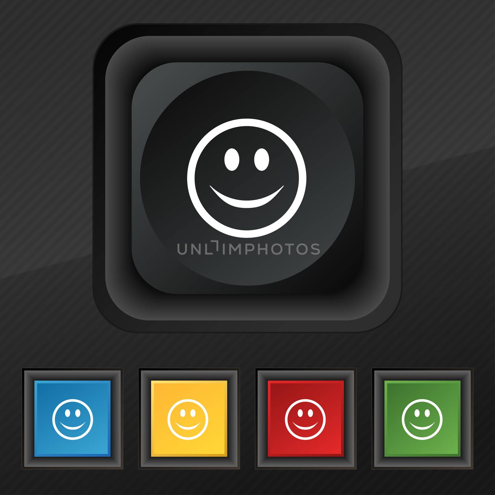 Smile, Happy face icon symbol. Set of five colorful, stylish buttons on black texture for your design.  by serhii_lohvyniuk