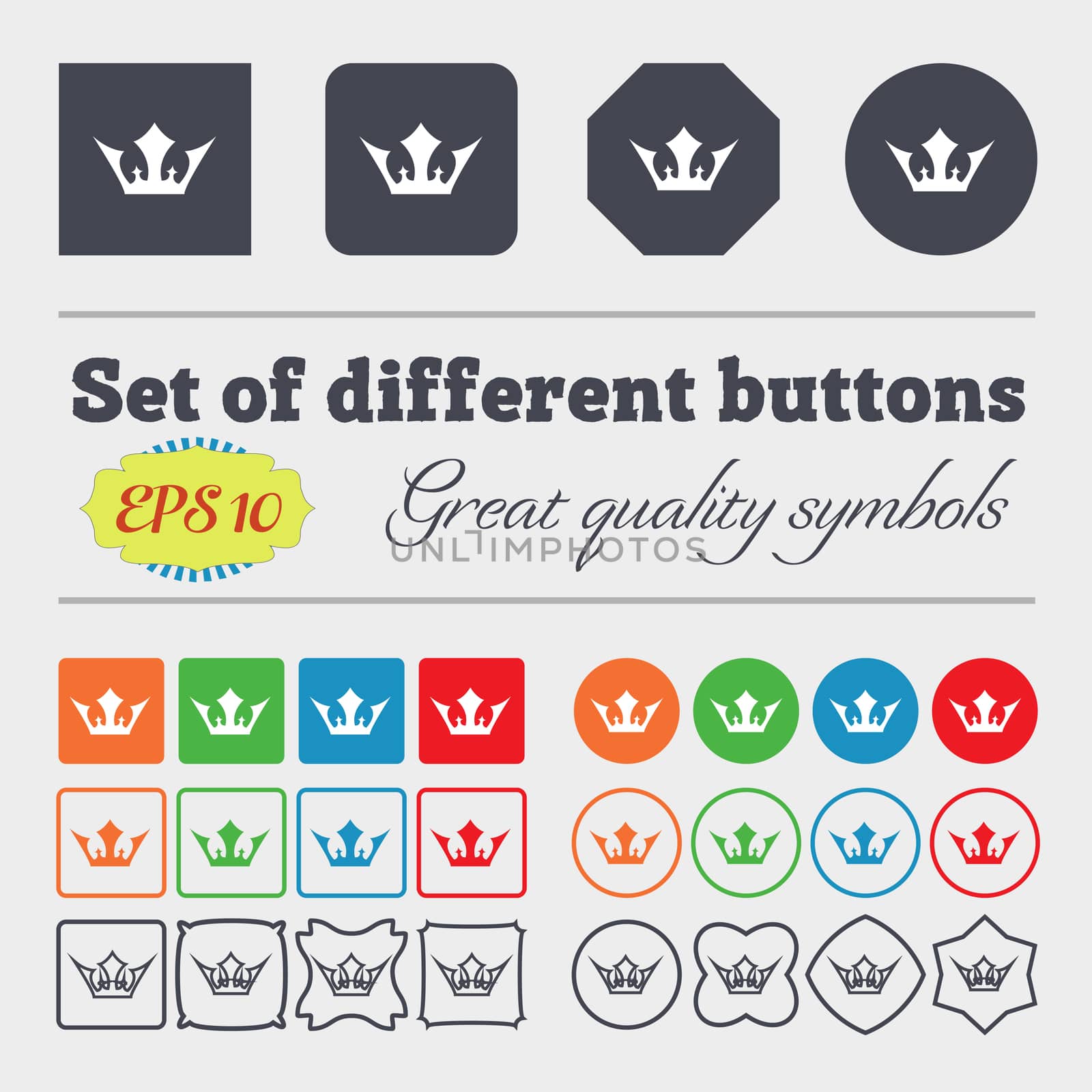 Crown icon sign. Big set of colorful, diverse, high-quality buttons.  by serhii_lohvyniuk