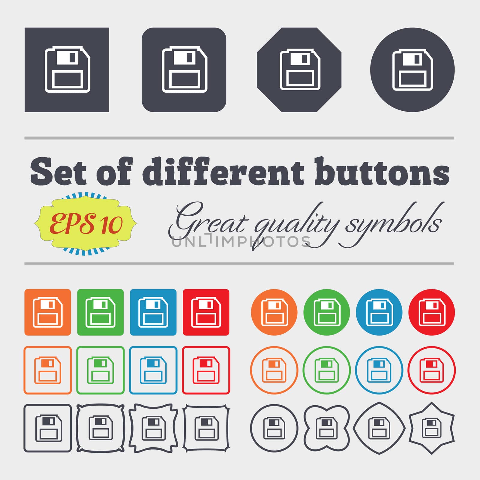 floppy disk icon sign. Big set of colorful, diverse, high-quality buttons. illustration