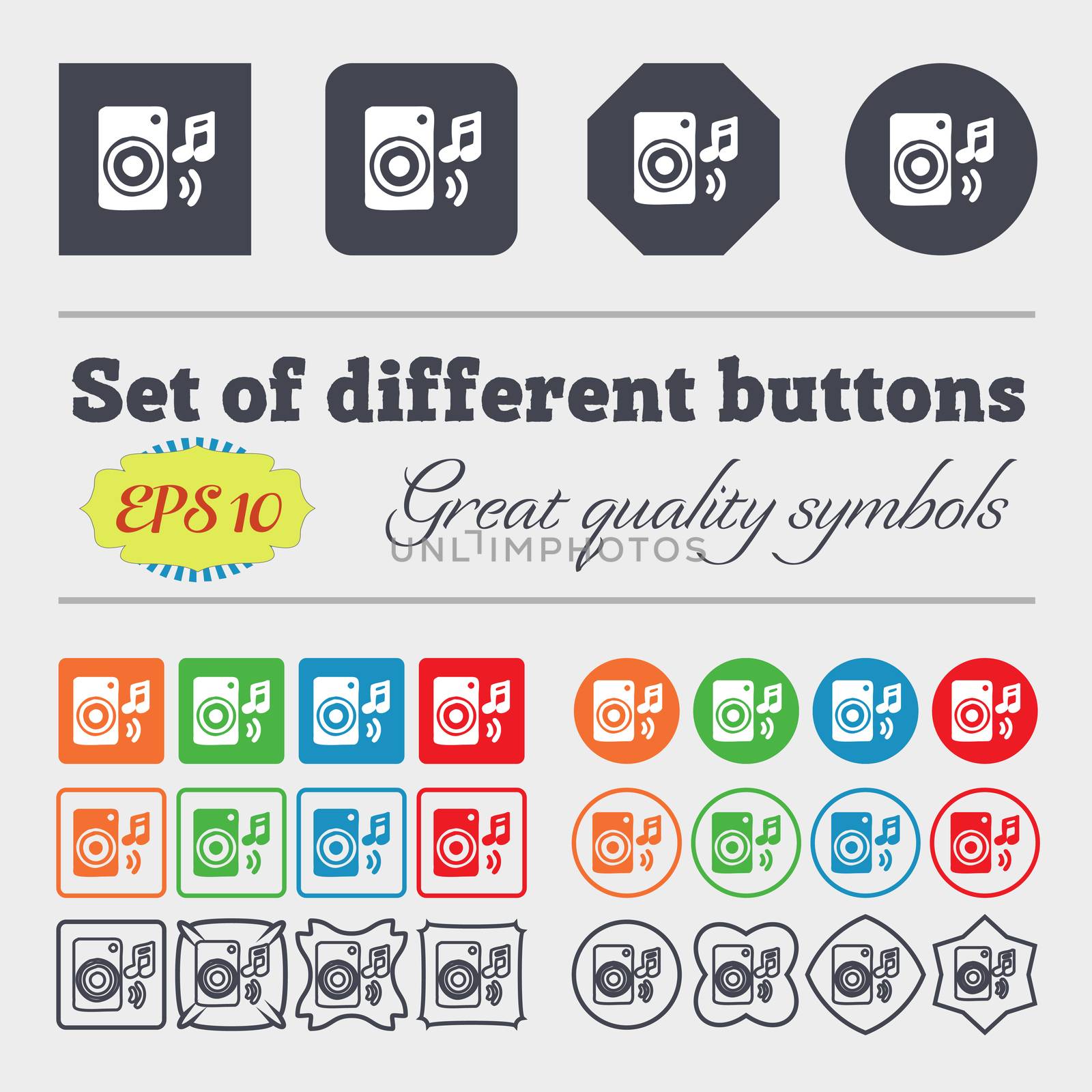 music column, disco, music, melody, speaker icon sign. Big set of colorful, diverse, high-quality buttons. illustration