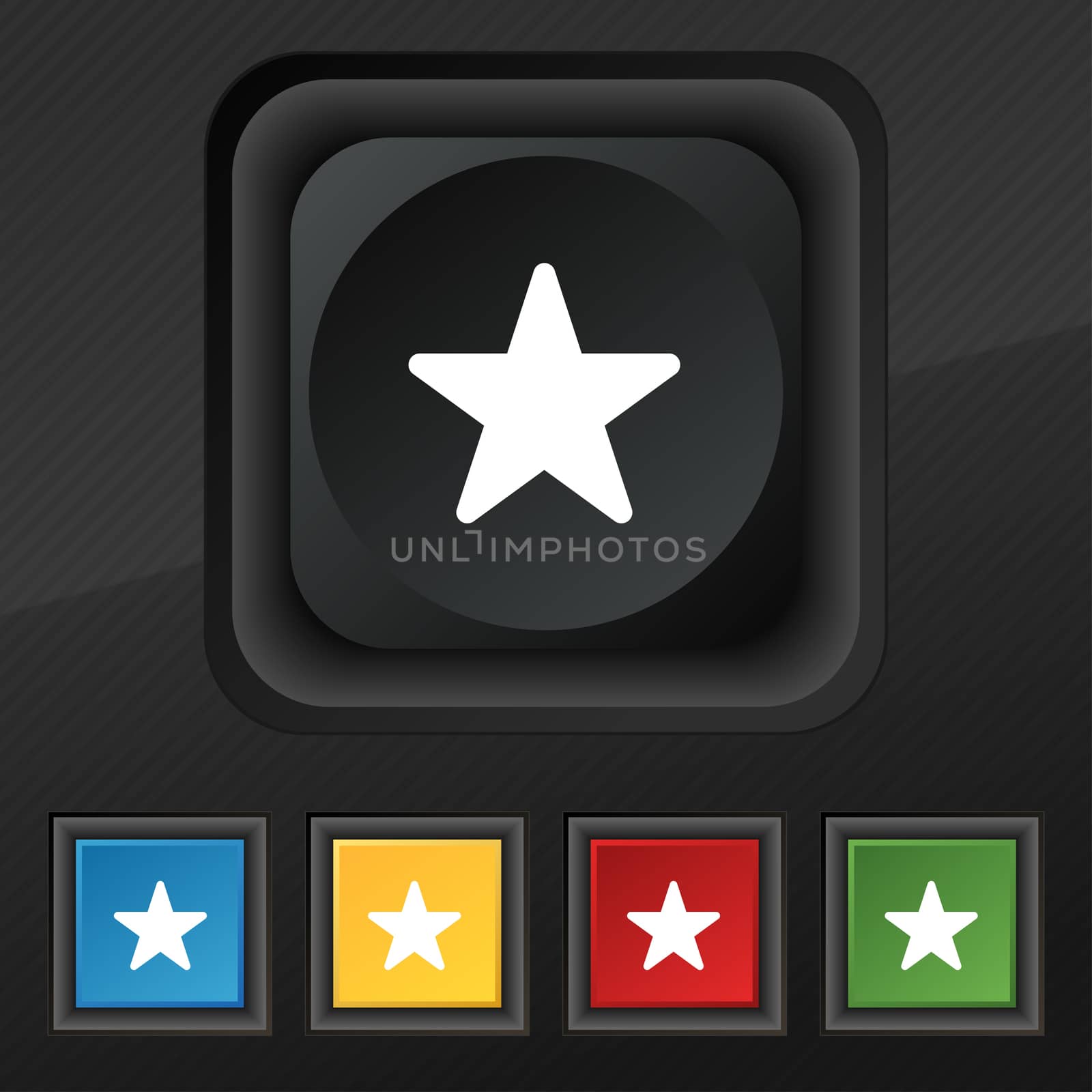 Favorite Star icon symbol. Set of five colorful, stylish buttons on black texture for your design.  by serhii_lohvyniuk