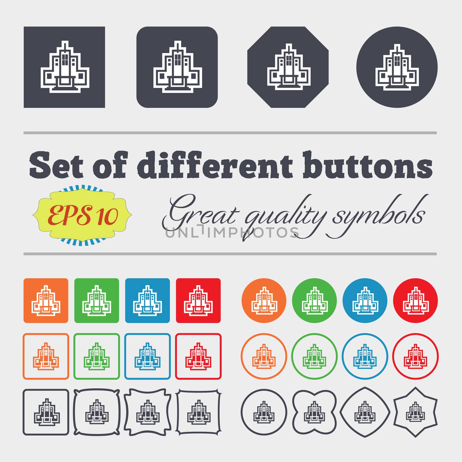 skyscraper icon sign. Big set of colorful, diverse, high-quality buttons. illustration