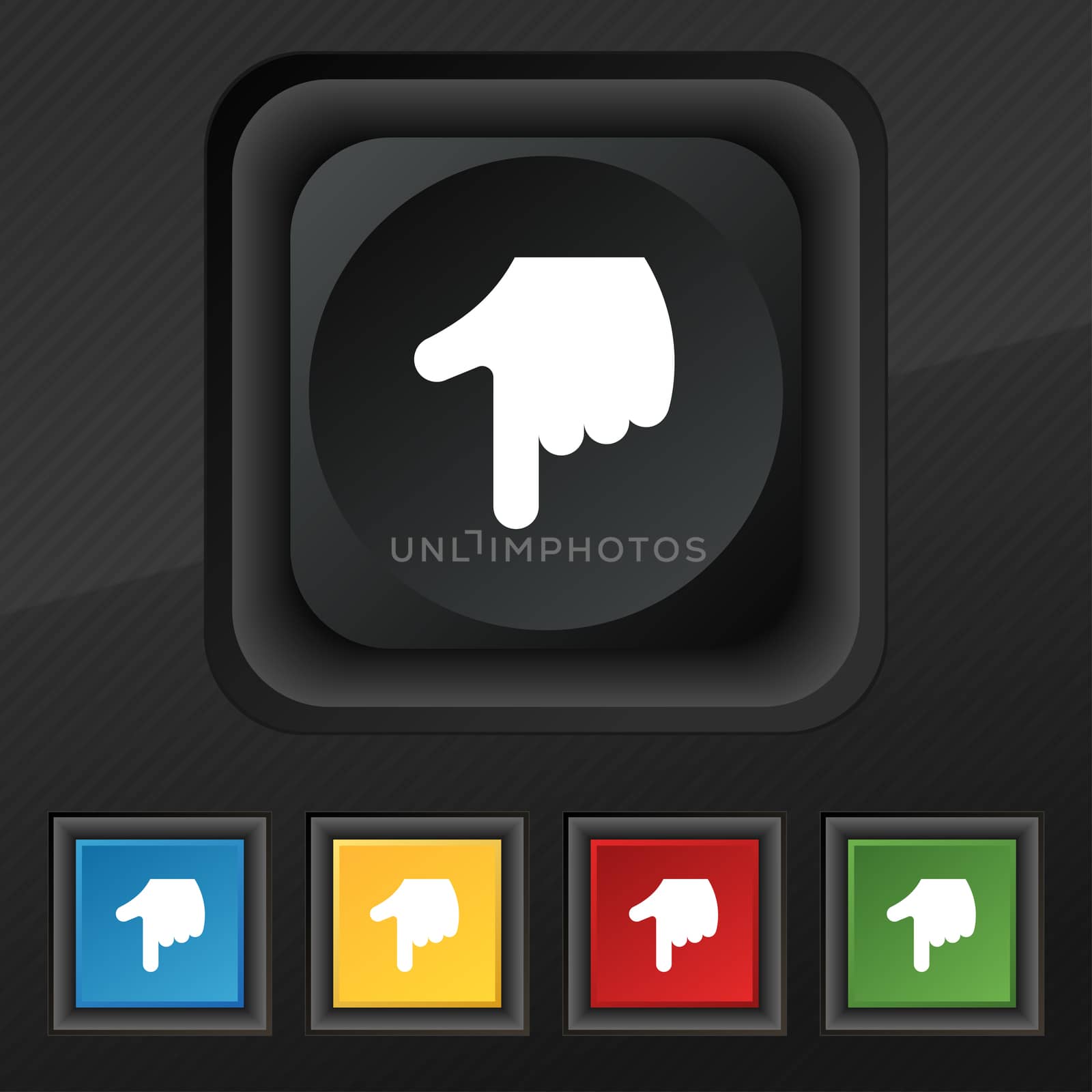 pointing hand icon symbol. Set of five colorful, stylish buttons on black texture for your design.  by serhii_lohvyniuk