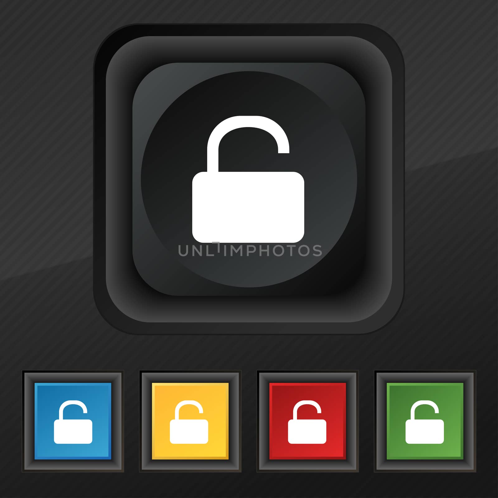 Open Padlock icon symbol. Set of five colorful, stylish buttons on black texture for your design.  by serhii_lohvyniuk