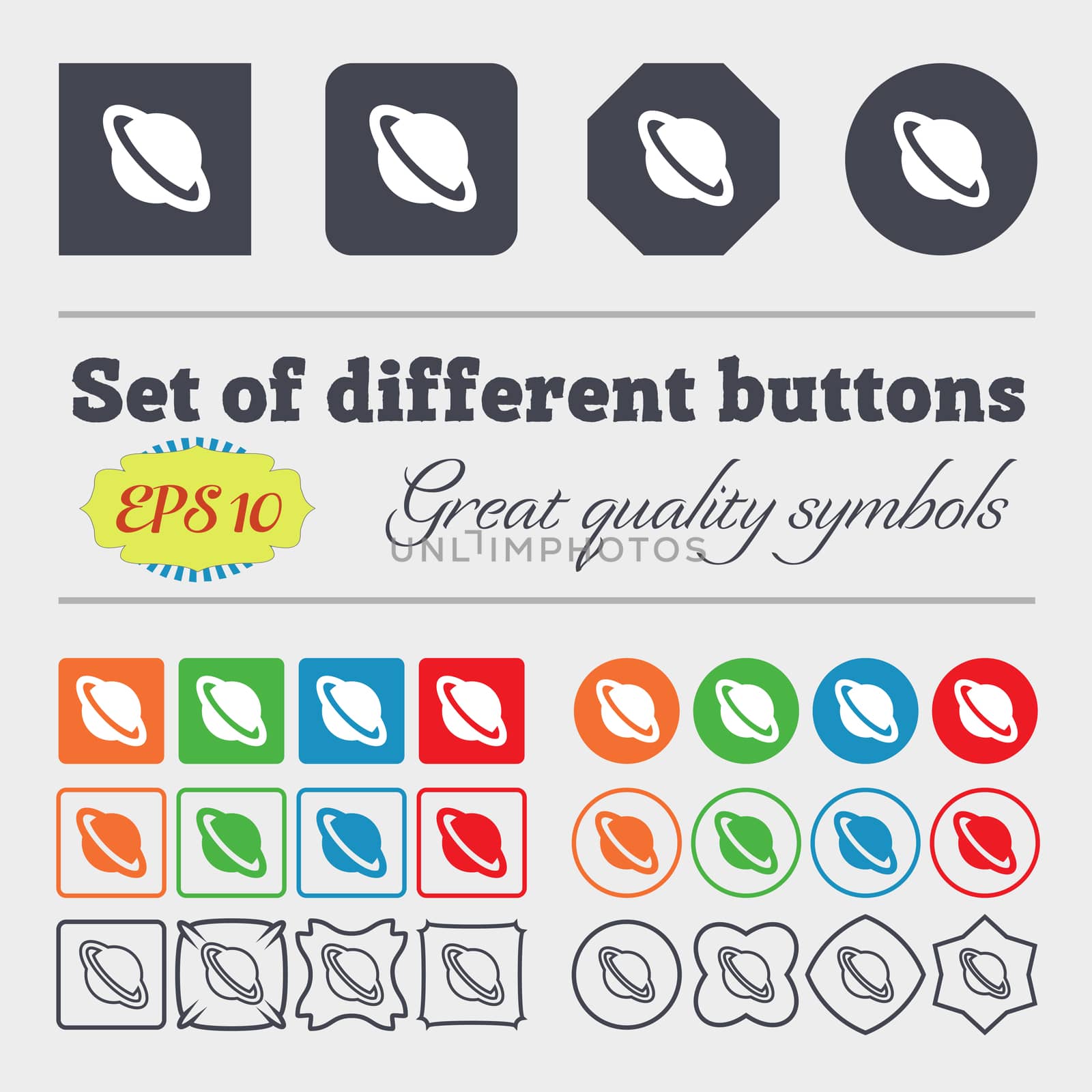 Jupiter planet icon sign. Big set of colorful, diverse, high-quality buttons.  by serhii_lohvyniuk