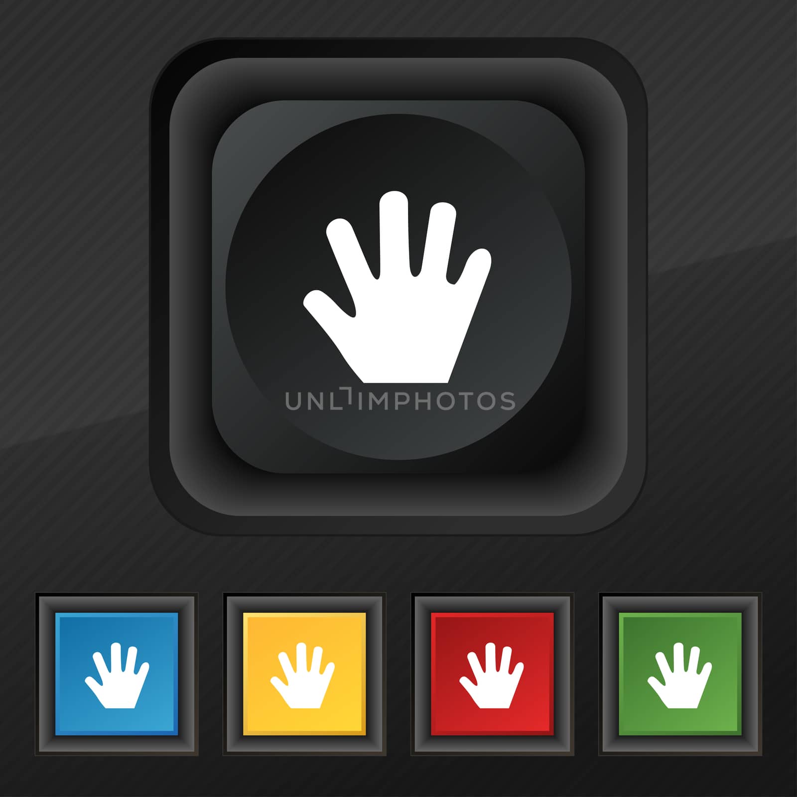 Hand icon symbol. Set of five colorful, stylish buttons on black texture for your design.  by serhii_lohvyniuk