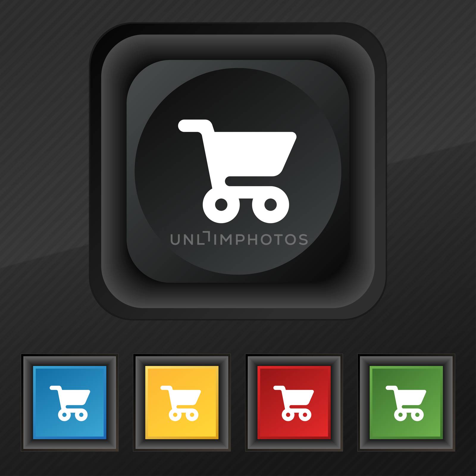 shopping basket icon symbol. Set of five colorful, stylish buttons on black texture for your design.  by serhii_lohvyniuk