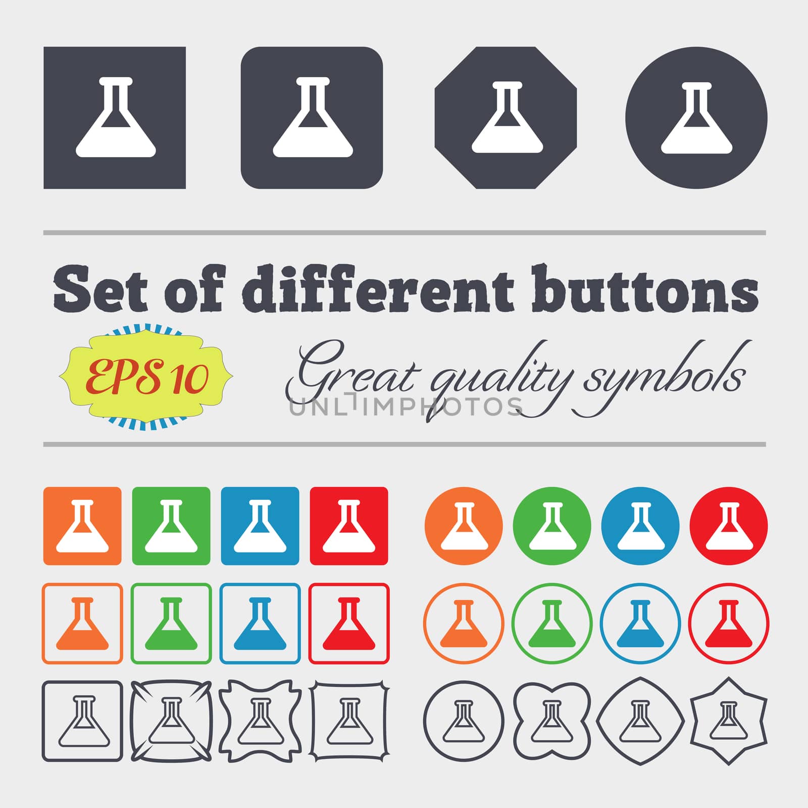 Conical Flask icon sign. Big set of colorful, diverse, high-quality buttons.  by serhii_lohvyniuk