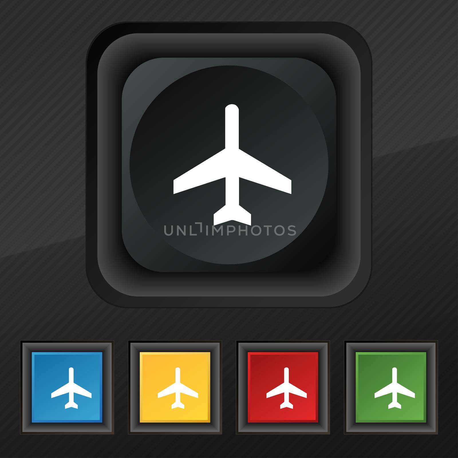 airplane icon symbol. Set of five colorful, stylish buttons on black texture for your design. illustration