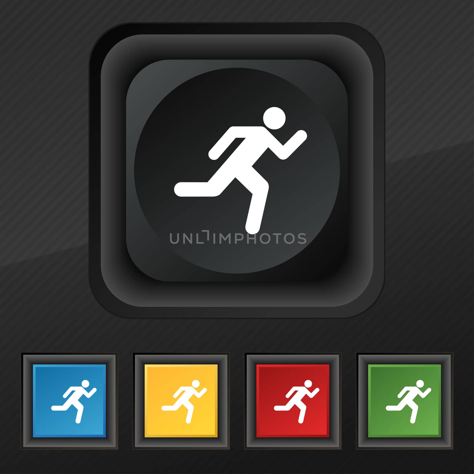 running man icon symbol. Set of five colorful, stylish buttons on black texture for your design.  by serhii_lohvyniuk